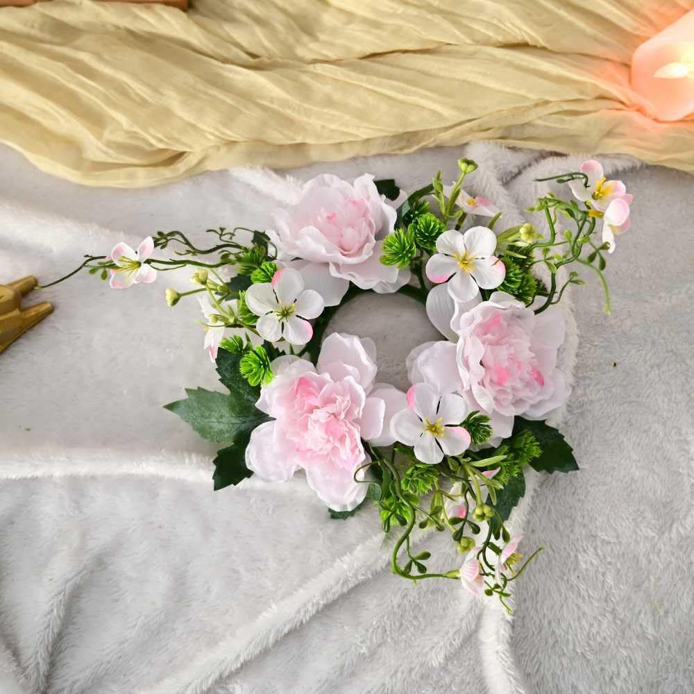 Set of 4 Artificial Peony Flower Candle Rings Wreaths 3 Inch Center Small Floral Spring Candle Rings for Pillars Wedding Home Table Centerpiece Decor (Pink B)