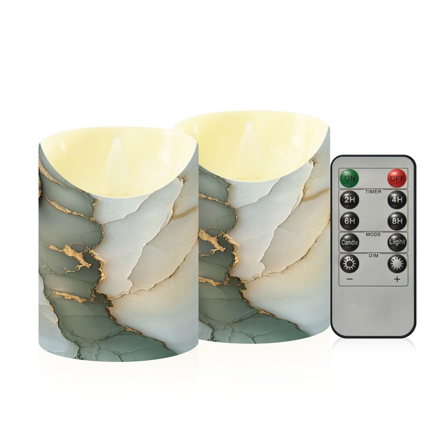 famyily Waterproof Outdoor LED Candles with Timer 2/4/6/8H Reusable Battery Operated Fake Candles for New Year’s Eve Party 3.9x3in - Marble Sage Green White