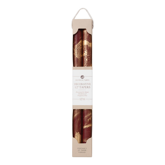 Northern Lights Candles - Premium Decorative Tapers - 12" 2PK - Bordeaux w/Gold - 73302