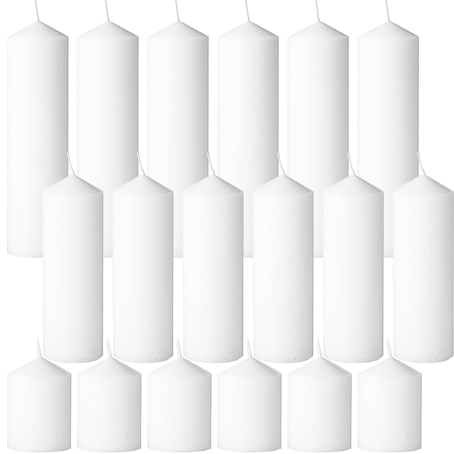 Trxvxo White Pillar Candles Bulk Set of 18，Hurricane Candles，3 Different Lengths 2 x 3/6/8 Inch (6 Each)，Dripless Unscented Smokeless，Gives You a Better Atmosphere When Organizing an Event Party.