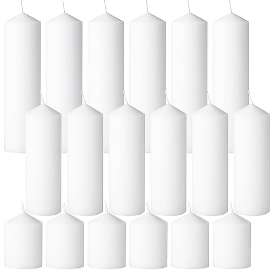 Trxvxo White Pillar Candles Bulk Set of 18，Hurricane Candles，3 Different Lengths 2 x 3/6/8 Inch (6 Each)，Dripless Unscented Smokeless，Gives You a Better Atmosphere When Organizing an Event Party.