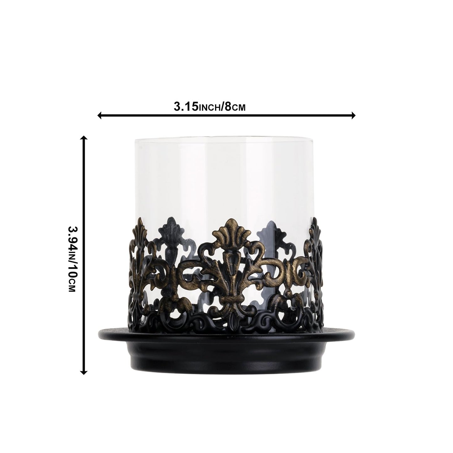 Woparty Vintage Gothic Glass Hurricane Candle Holders, Black Metal Base with Gold Accents, Clear Glass Sleeve, 4.3x4 Inch, Set of 2, for Pillar Candles