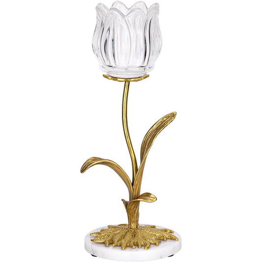 Anpdasi Candle Holder, Cut Rose Shaped Brass Candle Holder High-end Light Luxury Creative Art Crystal Glass Flower Candle Sticks Holder Decor Marble Disc Base Romantic Ambiance Table Decoration