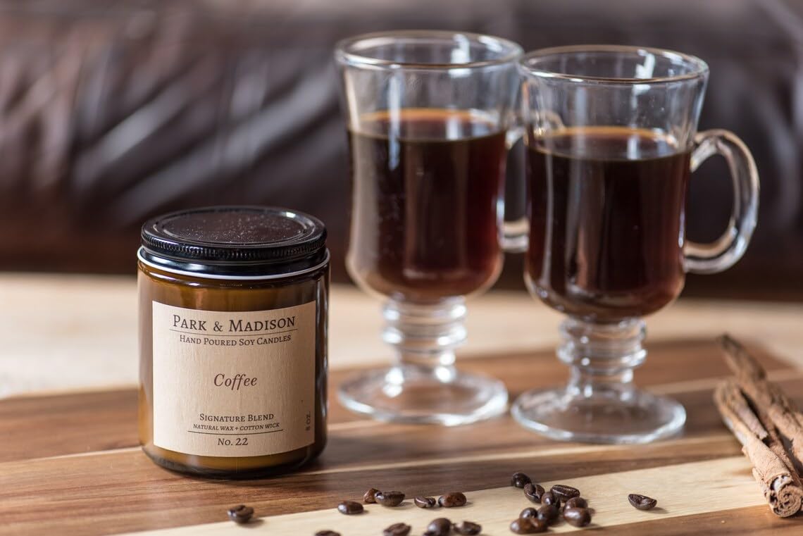 Park & Madison Coffee Soy Candle - Fresh Brewed Coffee Scented Candle | Hand-Poured Candle in Amber Jar with Black Lid | Phthalate-Free, Eco-Friendly Soy Wax | Non-Toxic Organic(4 oz)