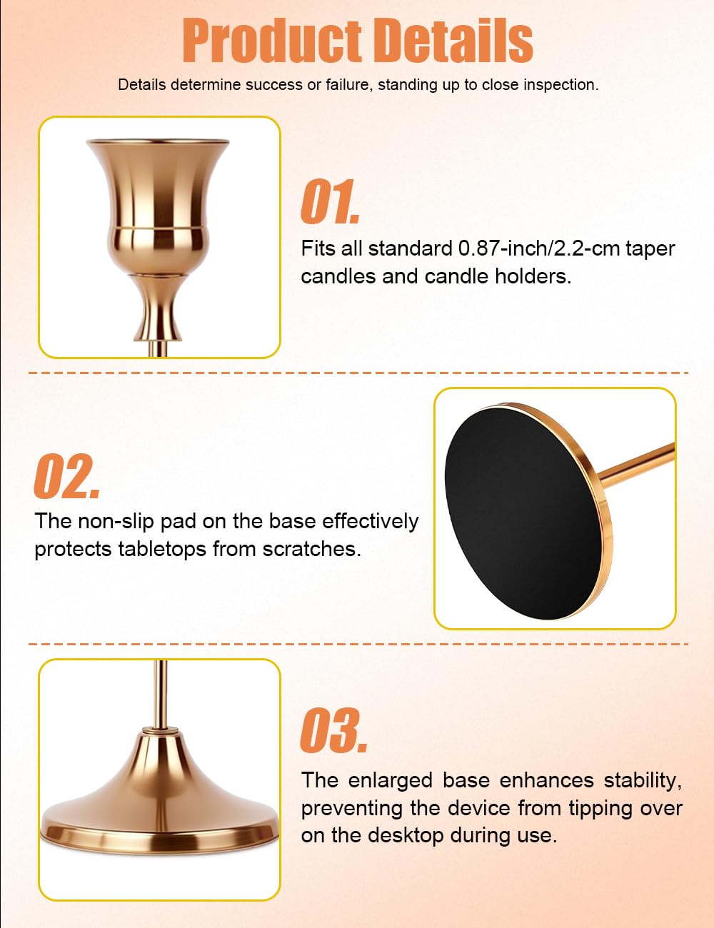 4 Sets(12 Pcs) French Gold Tapered Candle Holder,Candlestick Tall Metal Candlestick Holders for Table Centerpiece Home Decor for Wedding Fireplace Mantel Housewarming Gift Fits 3/4 Inch Thick Candles