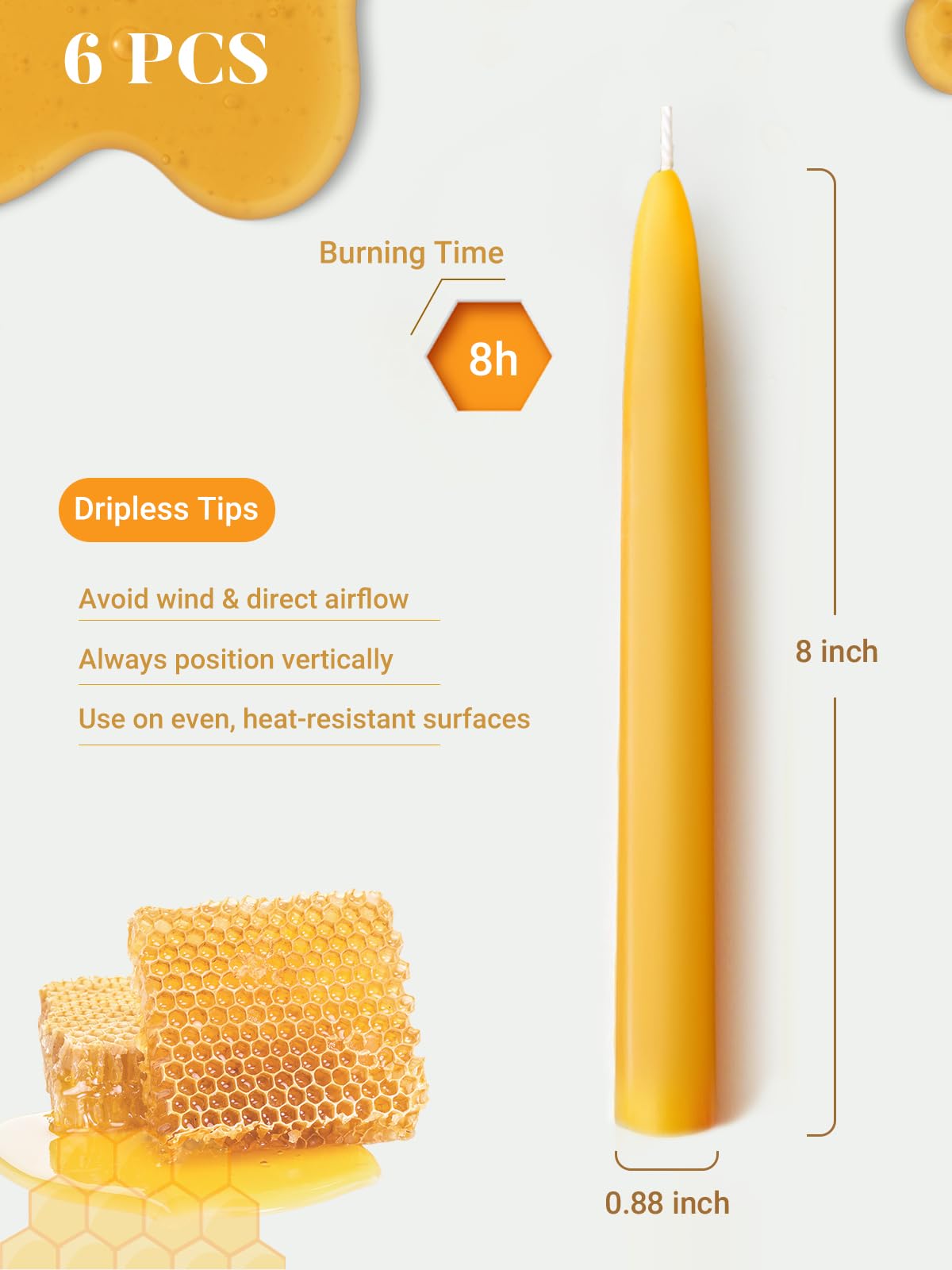 Ashlux 6 Pack Beeswax Taper Candles 100% Natural Pure 8-9 Hours Long Burn Bees Wax Candlesticks Dripless Tall Tapered Candles Stick Beeswax Candle Long Candles Bulk, Yellow