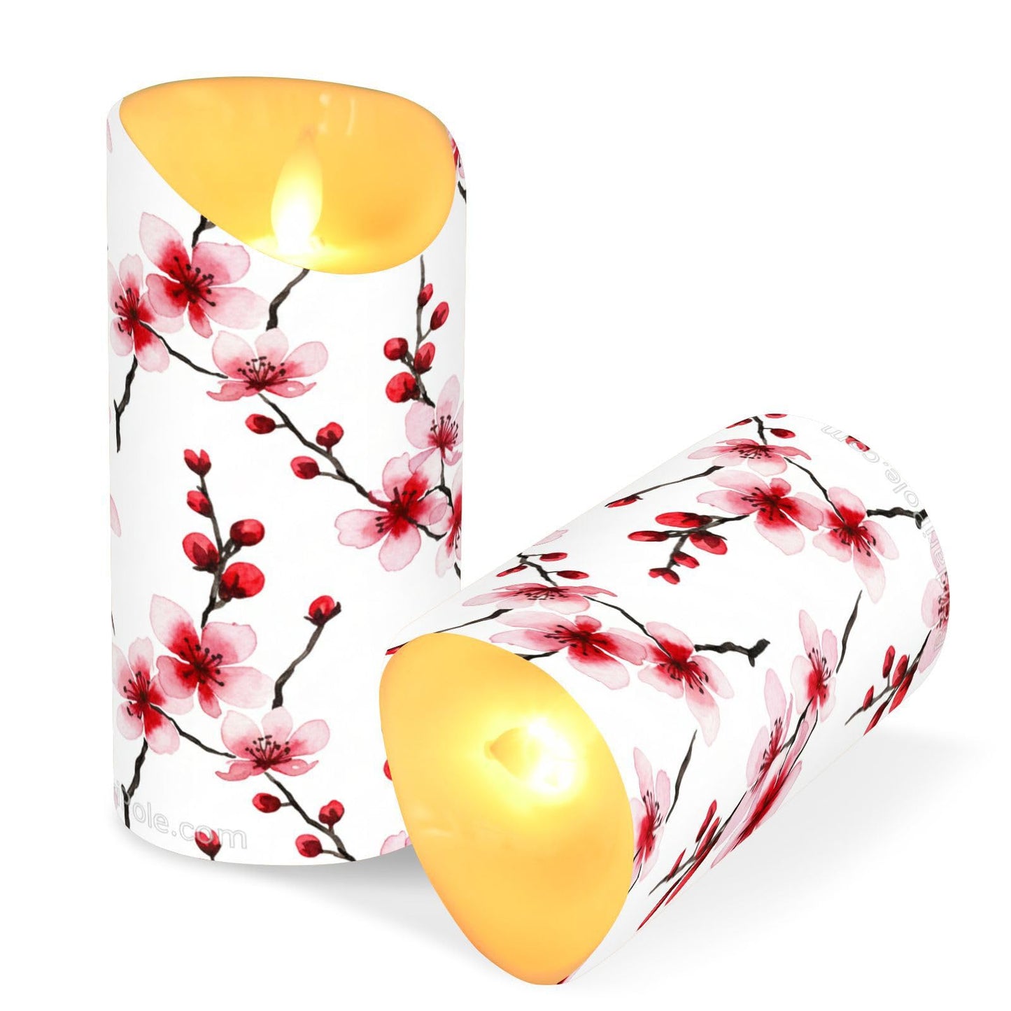 ALAZA Cherry Blossoms Pink Red Flickering Flameless Candles Battery Operated with Remote Timer,Tea Light Candles LED Pillar Votive Set of 2 for Outdoor Indoor Decorations 3" x5.9"
