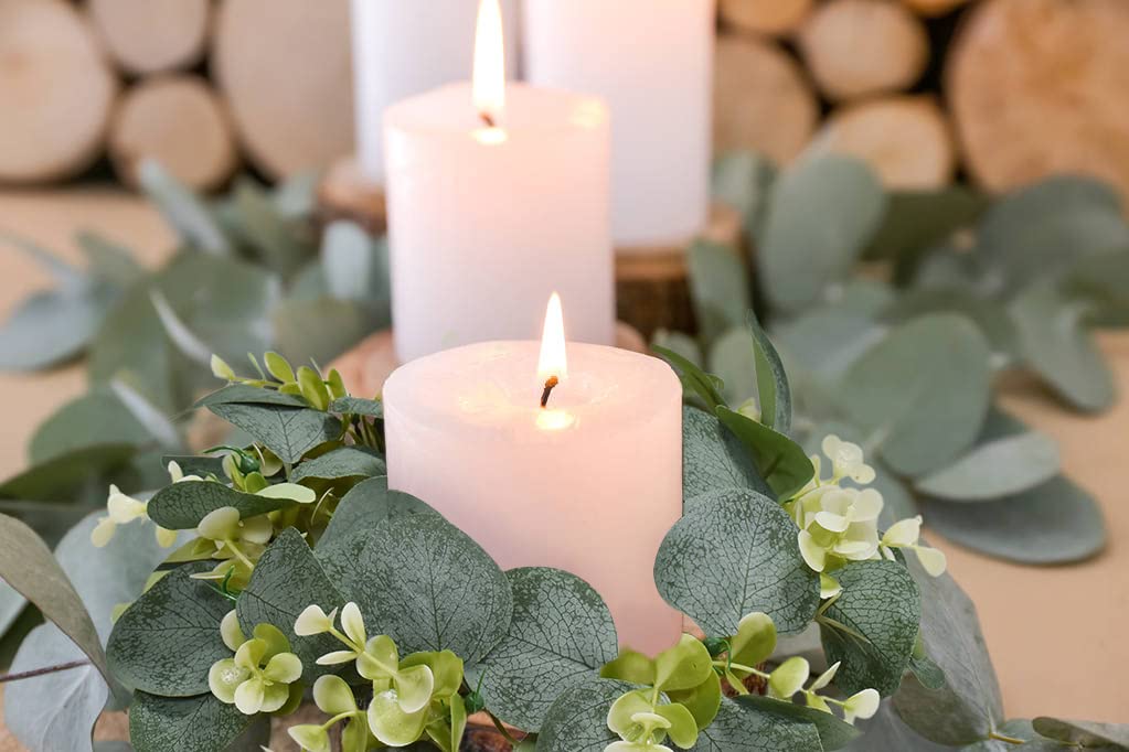 IWNTWY 6Pcs Candle Rings, Artificial Eucalyptus Wreath Candles Wreaths, Small Greenery Farmhouse Wreath for Door Wedding Centerpieces Home Party Table Decor, 4" ID / 9.8" OD