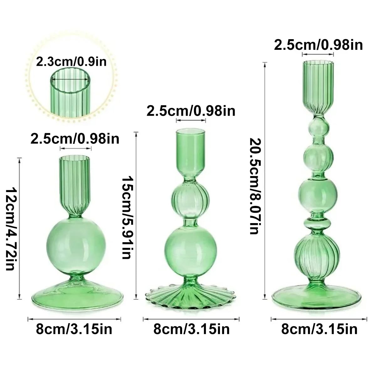 Mineaud 3Pcs Glass Candlestick Holders Glass Taper Candle Holders Groovy Wavy Elegant Candle Stick for Home Party Decoration,Green