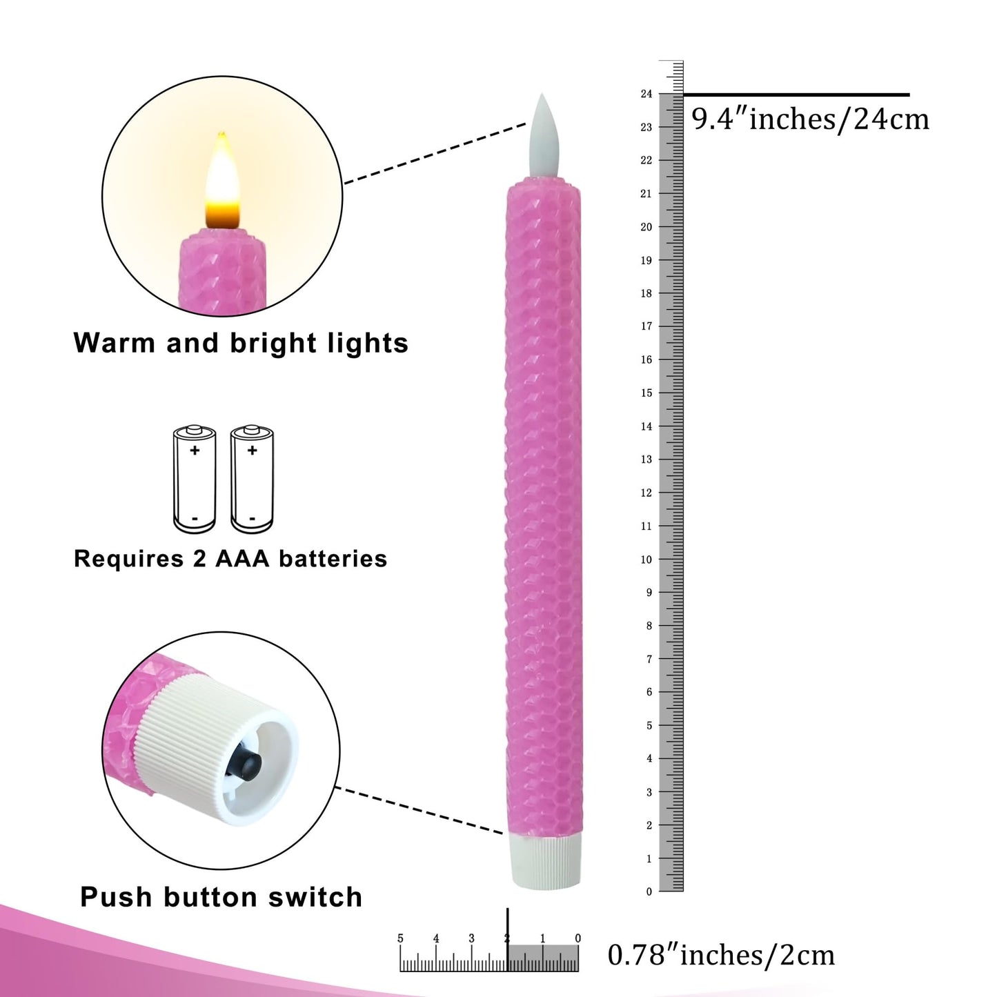 Gedengni Beeswax Honeycomb Flameless LED Taper Candles, 9.5 Inch Flickering Wax Candles with Remote & Timer, Pink Battery Operated Dripless Tapered Candle for Home Wedding Decor, 4 Pack