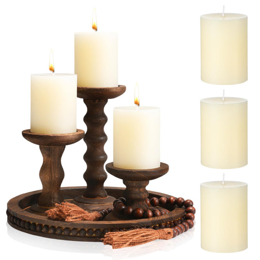 Reallnaive 8 Pcs Farmhouse Wood Candle Holders with Pillar Candles Set Wooden Rustic Candle Holders Round Decorative Serving Tray Bead Garland with Natural Wood Tassels for Table Centerpiece (Brown)