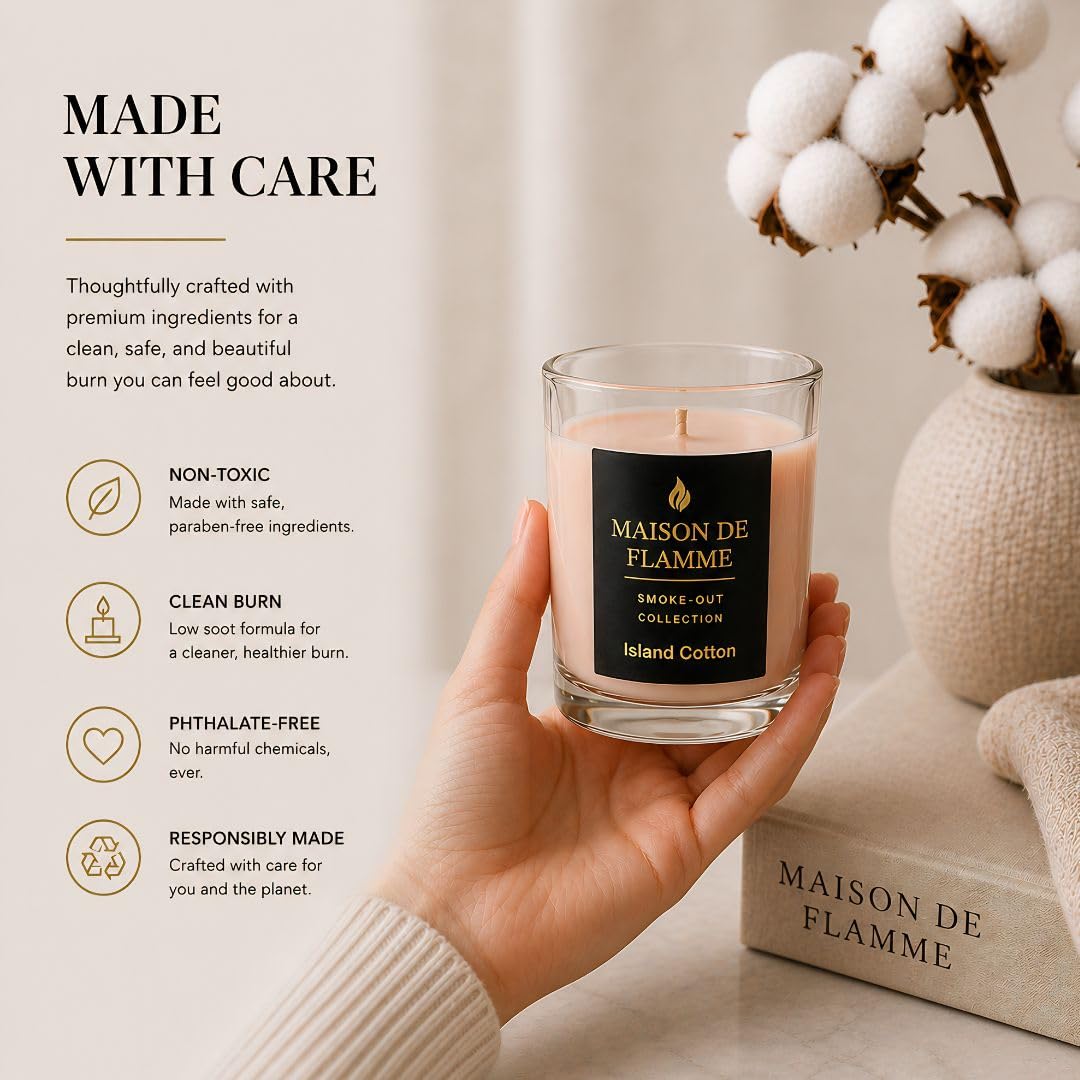 Fresh Linen Scented Candle, Soy Wax Candle for Bathroom, Powder Room & Bedroom, Up to 30 Hour Burn Time, Giftable, Sea Breeze Jasmine and Soft Musk Fragrance, Island Cotton, 5.3 oz – Maison De Flamme