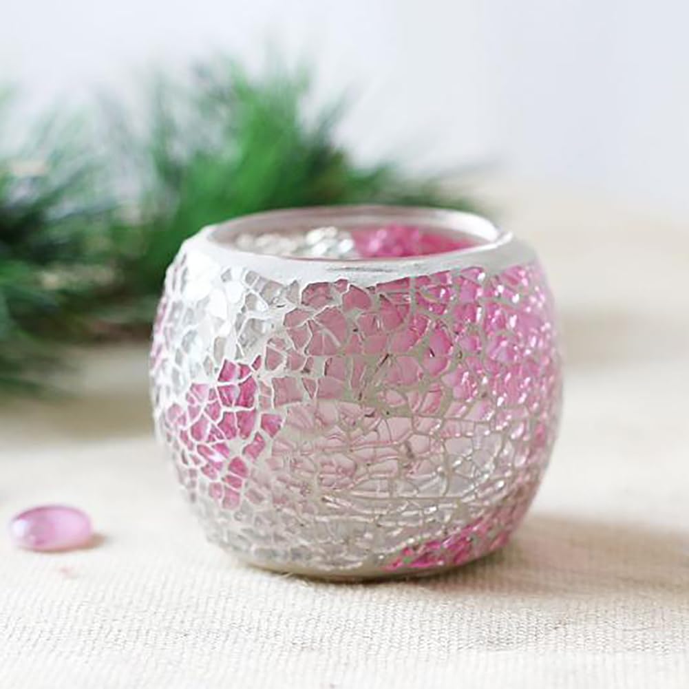 Mosaic Glass Votive Candle Holder, Handmade Tea Light Holder Romantic Candlestick for Vase Pen Holder Romantic Valentine Centerpiece Candle Holder Wedding Party Table Decorations (Pink)