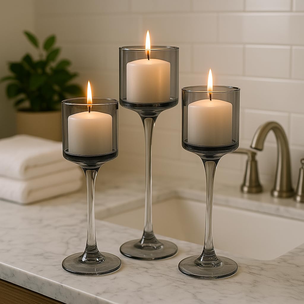 Koyal Wholesale 3Pcs Smoke Black Floating Candle Holder, Long Stem Candle Holders Set of 3, Black Tea Light Floating Candle Holder Centerpiece, Glass Stem Pillar Candle Holders Home Decor