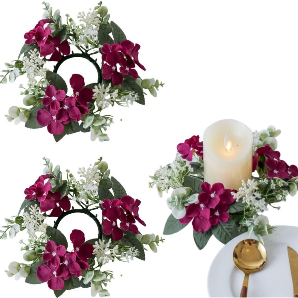 2 Pack Spring Candle Rings Artificial Hydrangea Eucalyptus Leaves Wreaths Small Boho Wreath Pillar Candle Holder for Wedding Home Door Tabletop Valentine's Day Decoration (Red)