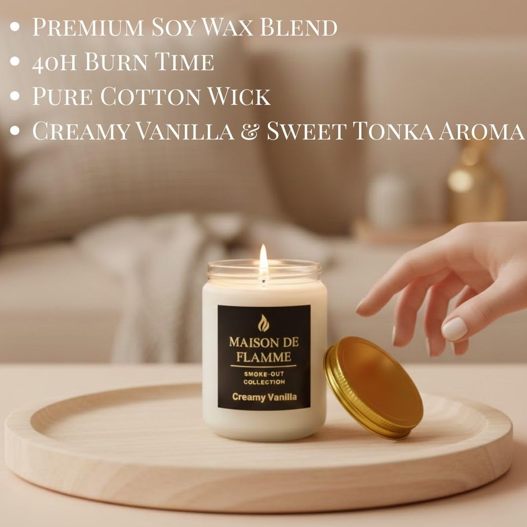 MAISON DE FLAMME Creamy Vanilla Odor-Eliminating Scented Candle, 200g/7oz White Jar – Long-Lasting Soy Wax Blend Candle for Smoke, Kitchen & Home Odors