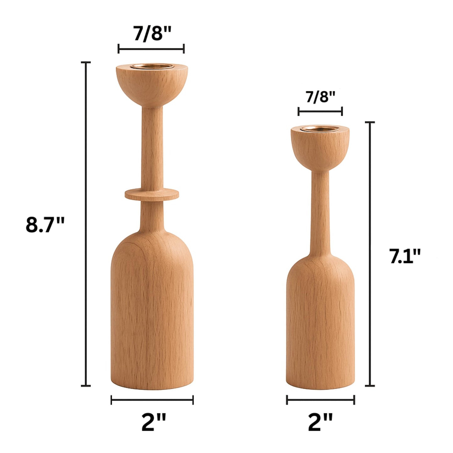 Wooden Taper Candle Holder Set of 2 - Modern Minimalist Natural Wood Candlestick Holders Fits 7/8” Taper Candles - Scandinavian Japandi Boho Farmhouse Décor for Dining Table Mantel Living Room