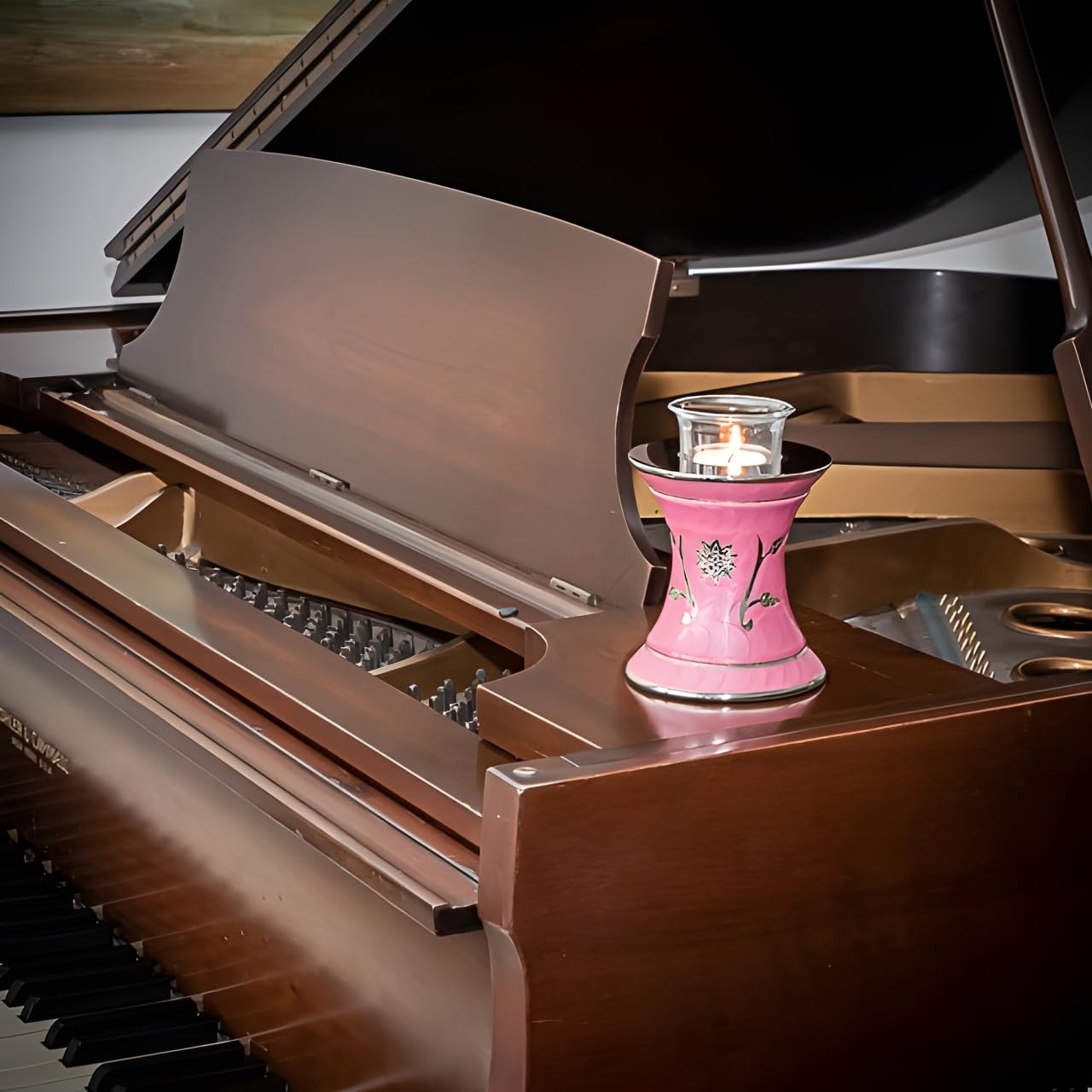 Grace Dark Pink Tealight Cremation Urn for Ashes, Brass Memorial Candle, Pink Urn, Extra Small Sized, 5.5 Inches High