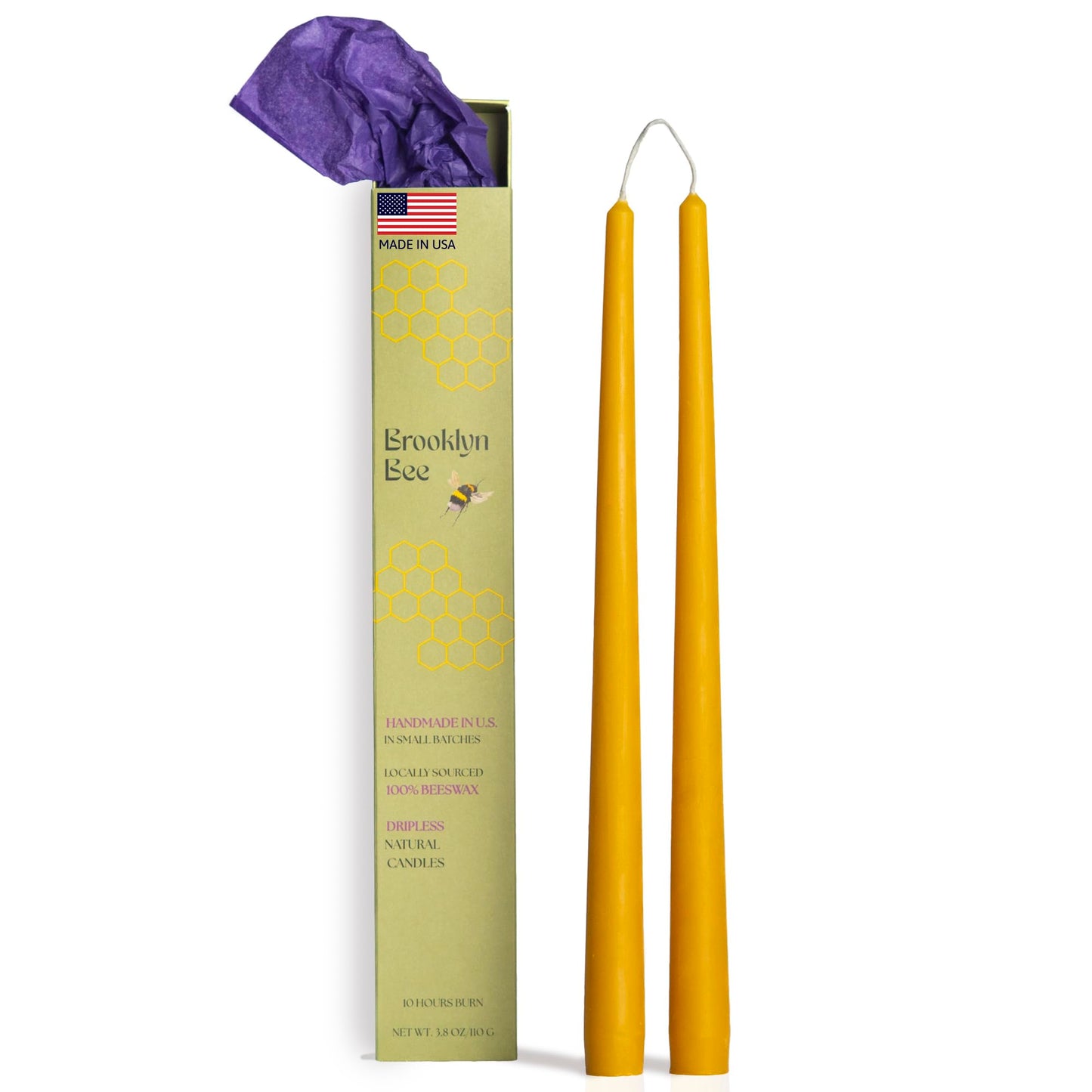 Premium 100% Pure Beeswax Taper Candles – Handmade in USA – Dripless, Non Toxic, 10+ Hour Burn – 11.5 in (Set of 2) – Made with Locally Sourced Beeswax