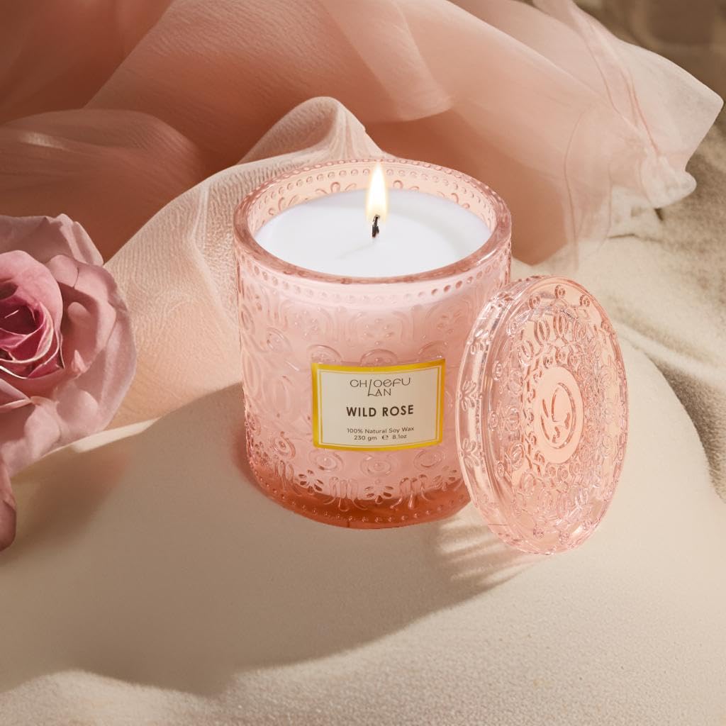 Chloefu LAN Wild Rose Candle, Mother Day Candles Gifts for Women, Luxury Jar Candle for Home Scented, Natural Soy Wax, Pink Candles for Home Scented, 55 Hours Long Burning, 8.1 oz