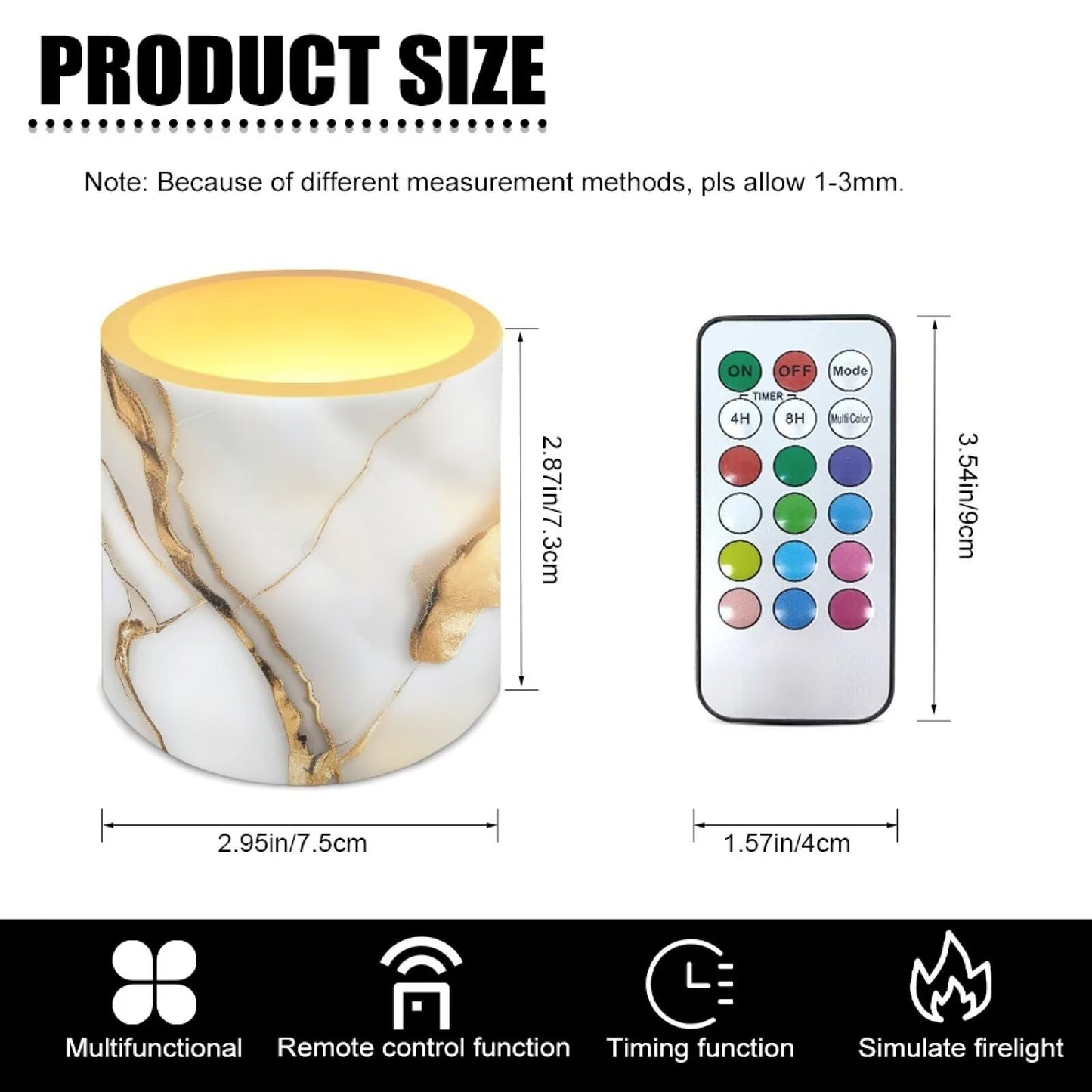 NETILGEN 3 inch Decorative LED Candles Flameless Candles with Remote Control Timer Set of 4 Battery Operated Candles for Home Party Decor White Golden Marble Print
