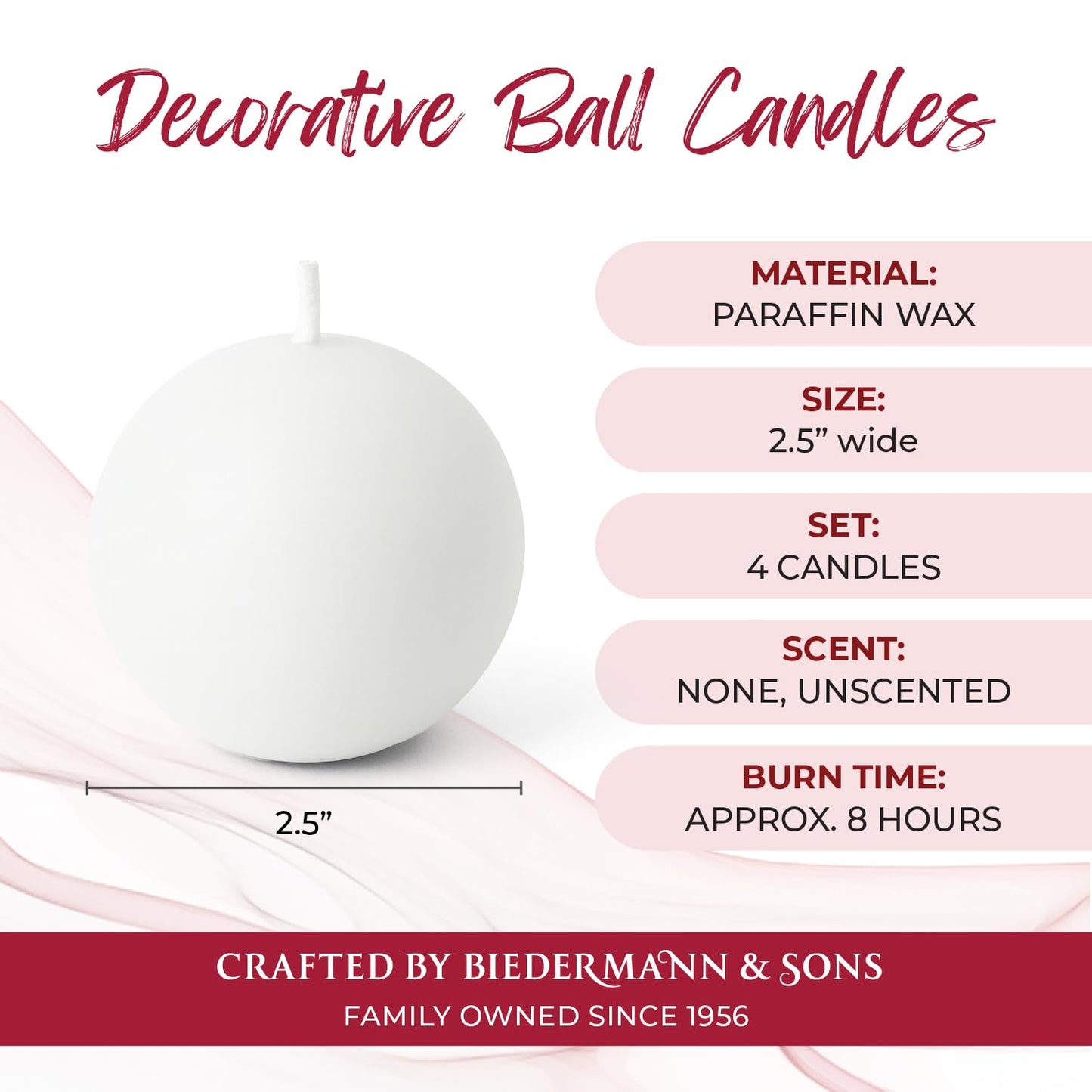 Biedermann & Sons White Round Candles (Set of 4), Unscented Dripless Balls, 2.5" Spheres, 8 Hour Burn, for Dinner Tables and Special Occasions