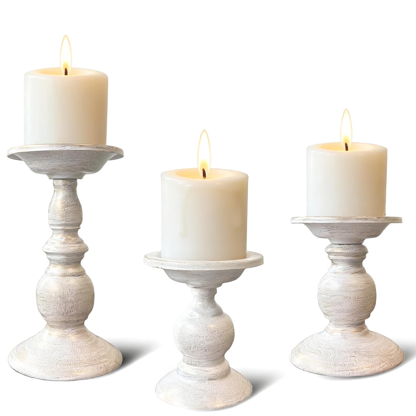 cachiv Pillar Candle Holders Set of 3, Antique Metal Candle Stands Distressed Candle Holders for Weddings Events Home Decor (White)