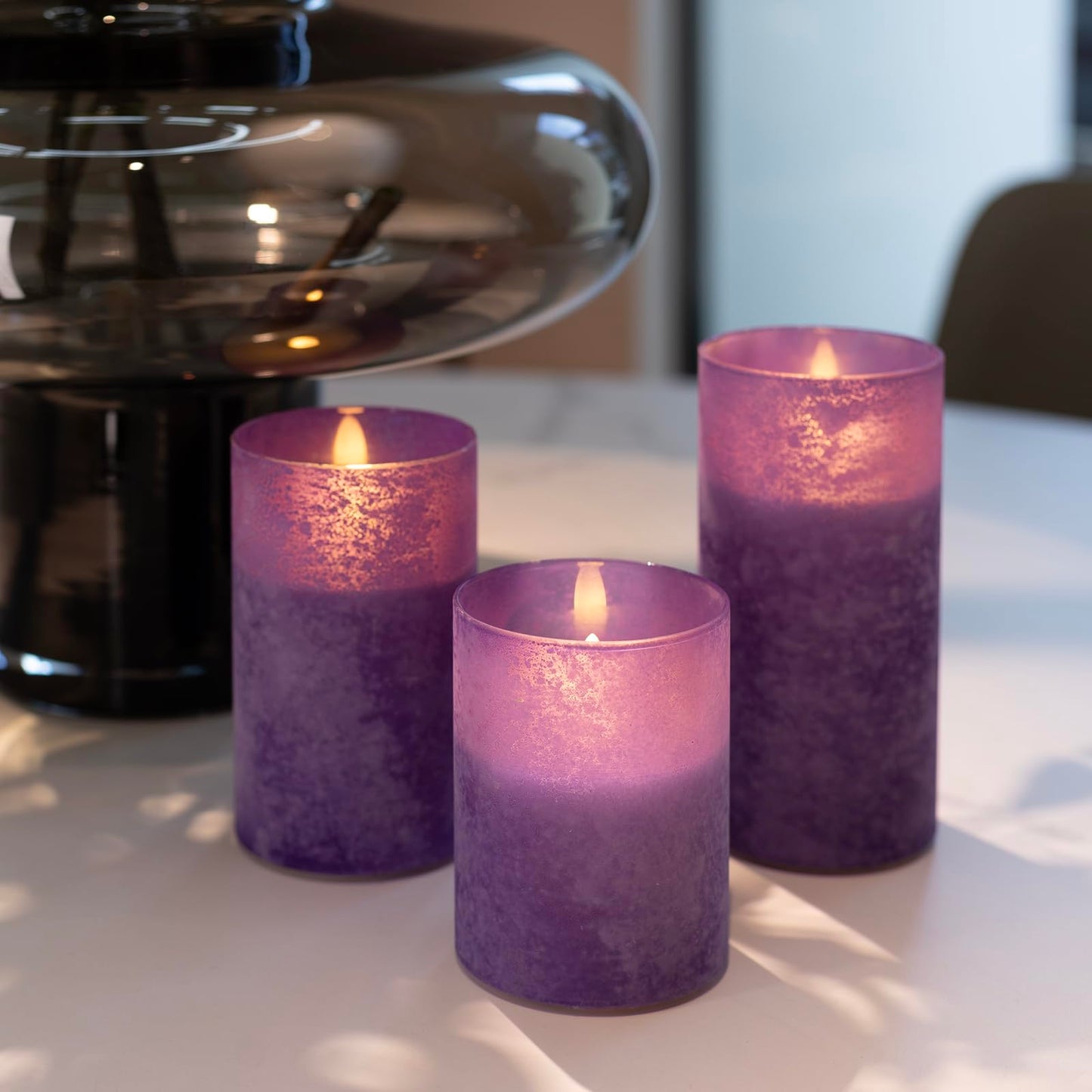ANGELLOONG Purple LED Candles for Home Decor, Glass Flameless Candles with Remote, Set of 3 Battery Operated Pillar Candle for Fall Halloween Decoration