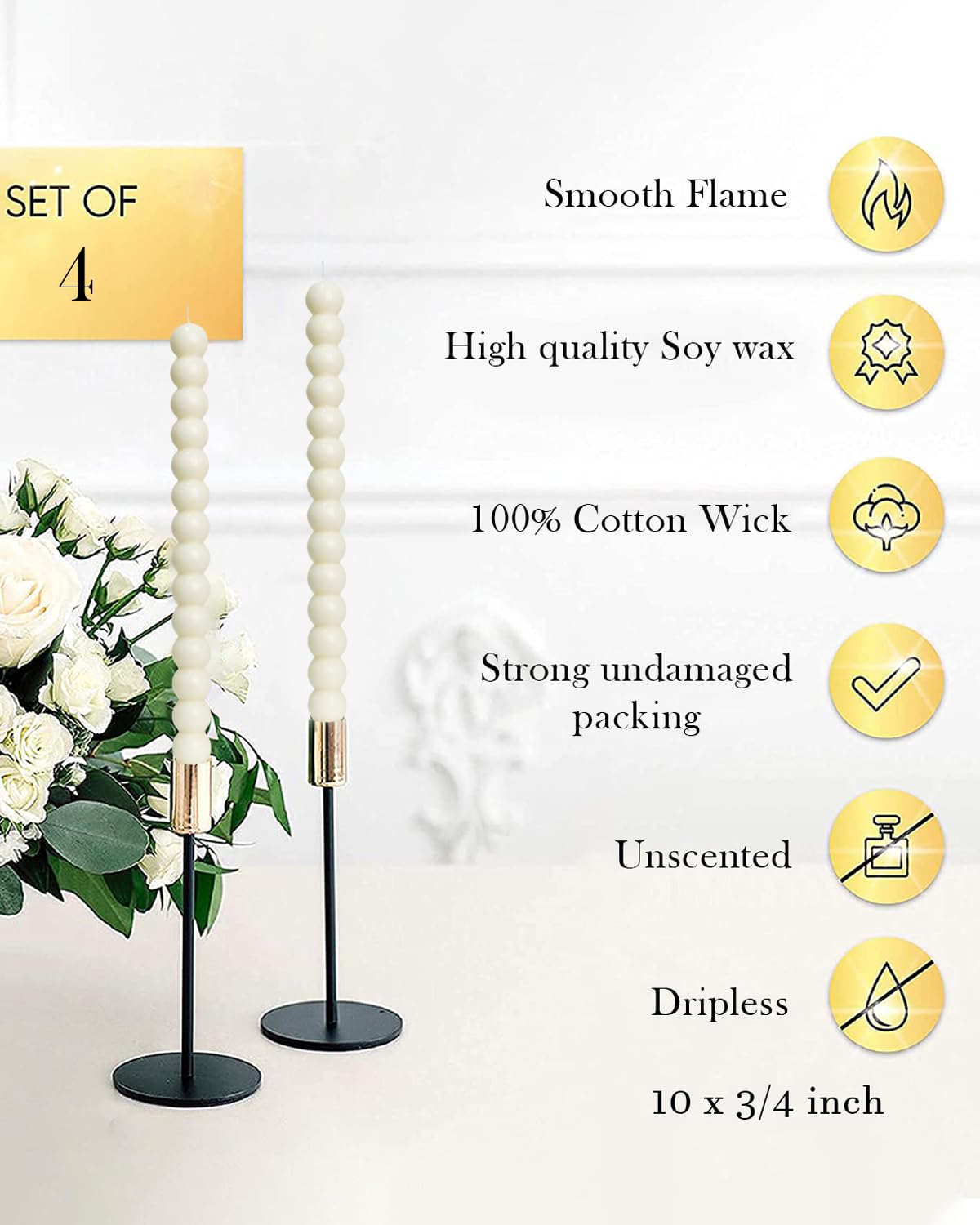 LPUSA Ivory Taper Candles Stick Dripless Tall Taper Candle for Holiday Wedding Party Wax Unscented Dinner Candle Dripless,Christmas Gift H 10 Inch, 4pcs（Ivory-C-new）