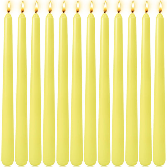 12 Pack 10 Inch Yellow Taper Candles, Solid Color Thin Candlesticks, Dripeless and Unscented Long Dinner Candle for Home Decoration Halloween Fall Party Celebration