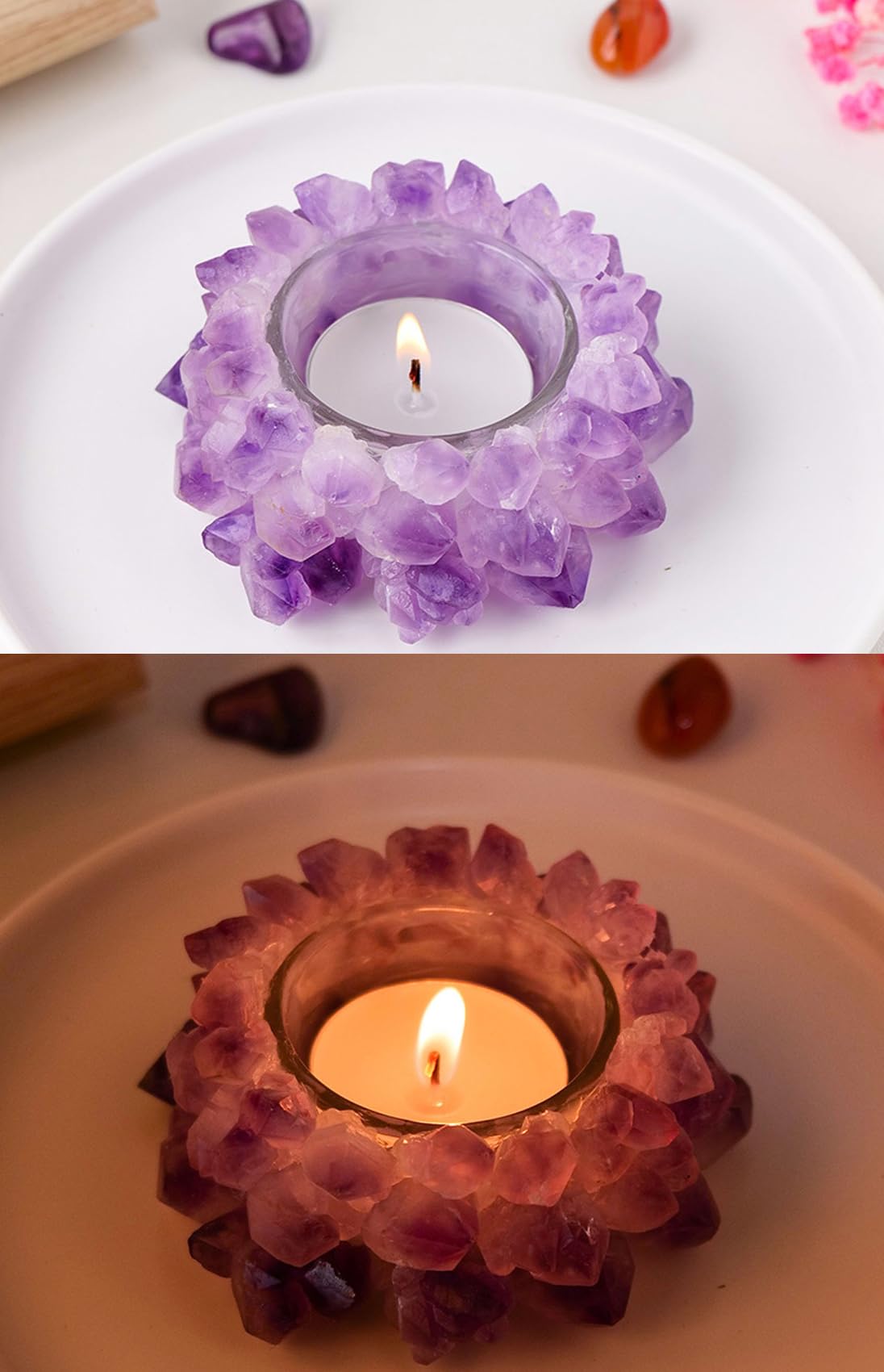 Natural Amethyst Cluster, Raw Crystal Tealight Candle Holder Crystal Stone Candle Stand High Energy Geode Votive with Healing Effects