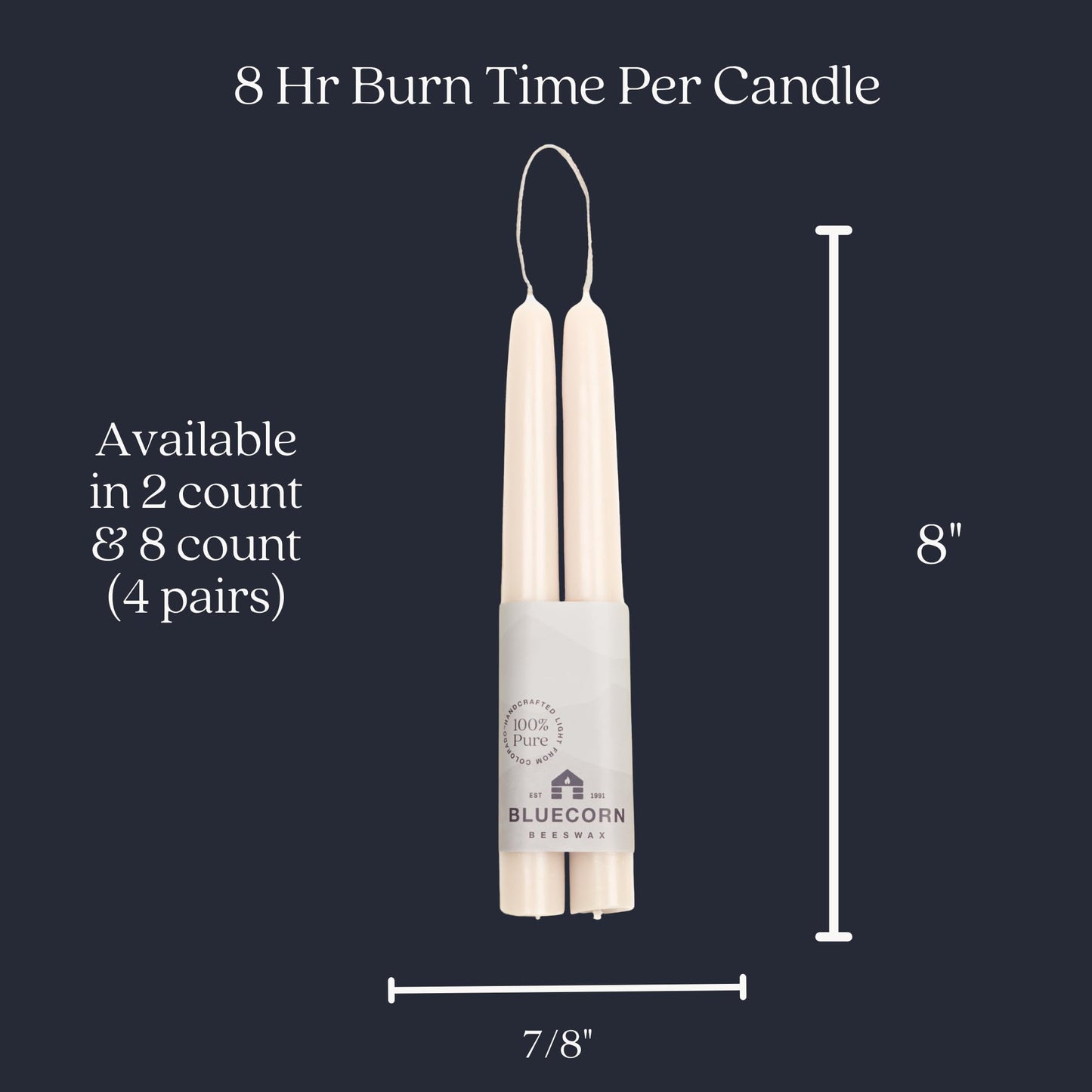 Bluecorn Beeswax Taper Candles, 100% Pure Natural Bees Wax, Pair of 8 Inch Ivory White Tapered Candlesticks, Clean Burning & Dripless, Fragrance Free, Long Lasting, Home Decor, American Made, 1 Count