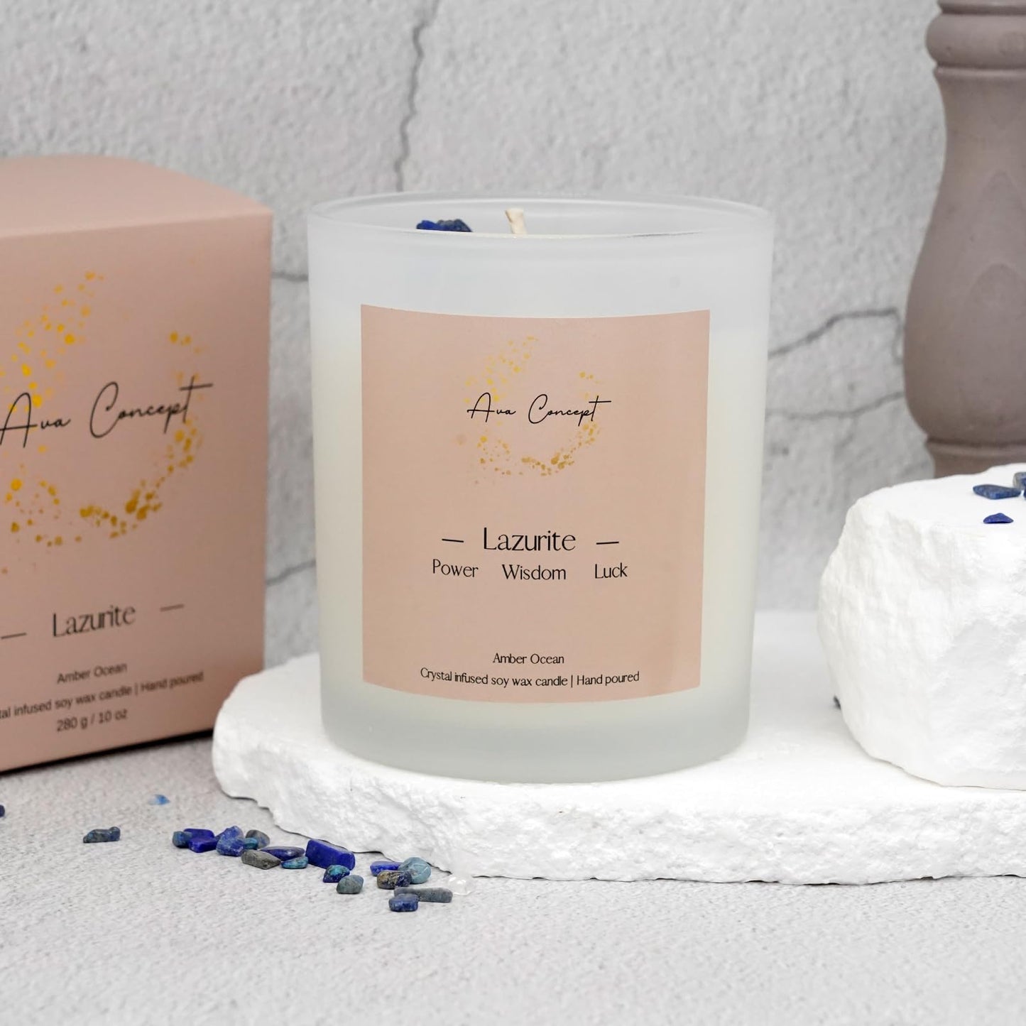 Ava Concept Lazurite Crystal Candle – 10oz / 280g | Amber Ocean Aromatherapy | Hand-Poured Soy Wax | Genuine Lapis Lazuli Healing Crystals Embedded | Power, Wisdom & Luck | Gift Box Included
