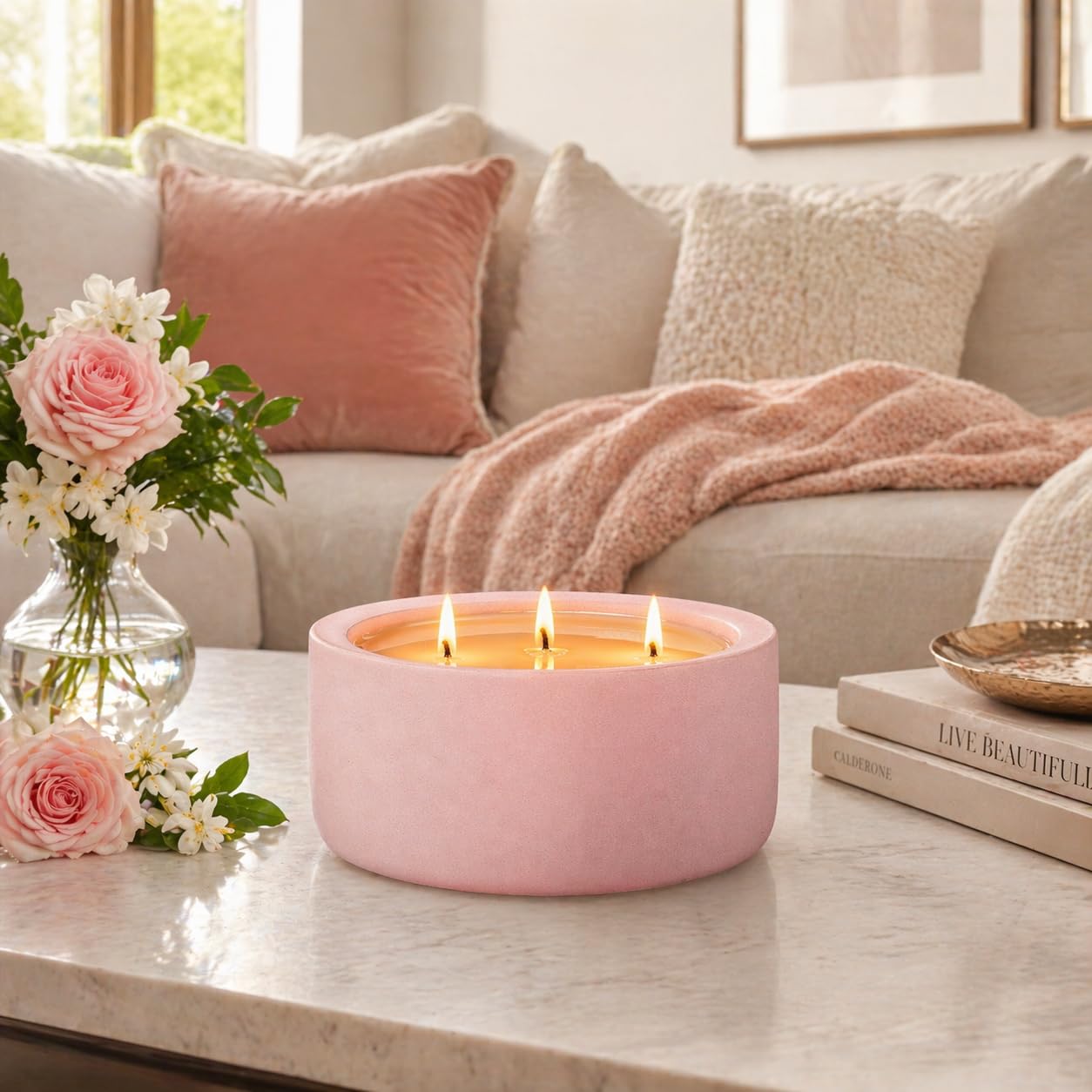 20oz Large Scented Candle - Blush Bloom, 3 Wick Soy Candle, Pink Decorative Ceramic Jar Candle, Non Toxic Home Fragrance Candle for Women, Bedroom, Bathroom, Living Room