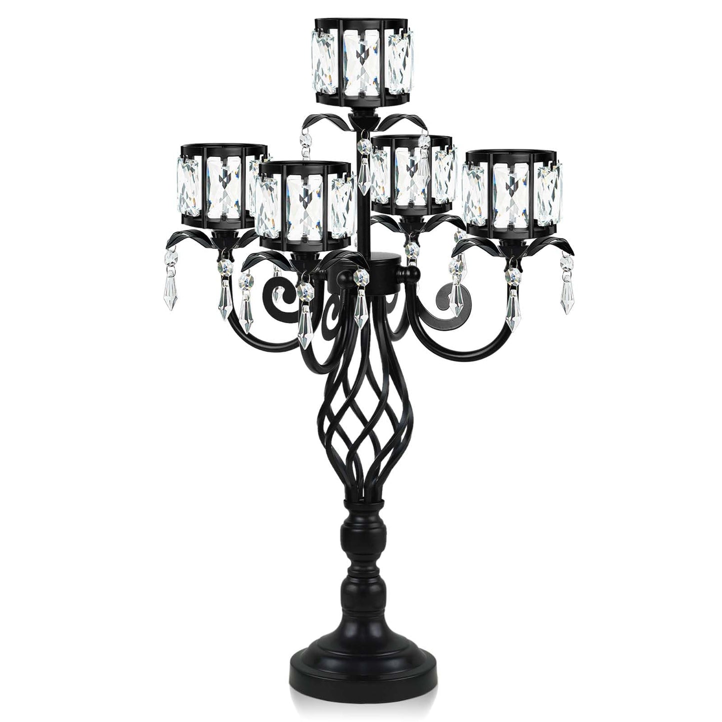 23.2 inch Tall Elegant and Chic 5 Arm Pendant Crystal Candlestick Holder Table Decoration tealight Candle Holder, Candelabra for Gorgeous Wedding/Parties Table Centerpiece (1, Black)