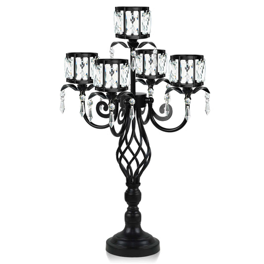 23.2 inch Tall Elegant and Chic 5 Arm Pendant Crystal Candlestick Holder Table Decoration tealight Candle Holder, Candelabra for Gorgeous Wedding/Parties Table Centerpiece (1, Black)