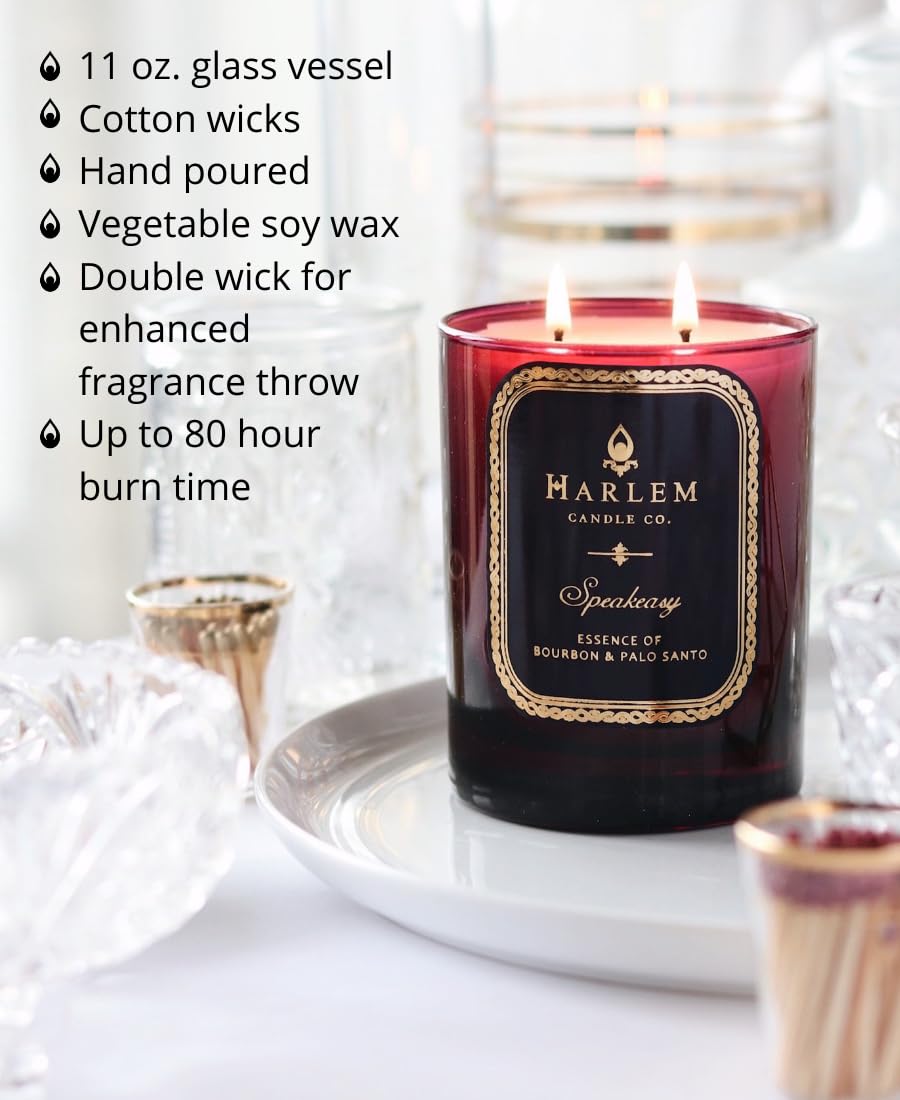 HARLEM CANDLE CO. Speakeasy - Luxury Scented Soy Candle, 11 oz - 80-Hour Burn Time | Palo Santo, Cardamom, Incense, Bourbon, Tobacco and Patchouli | Scented Candles for Home