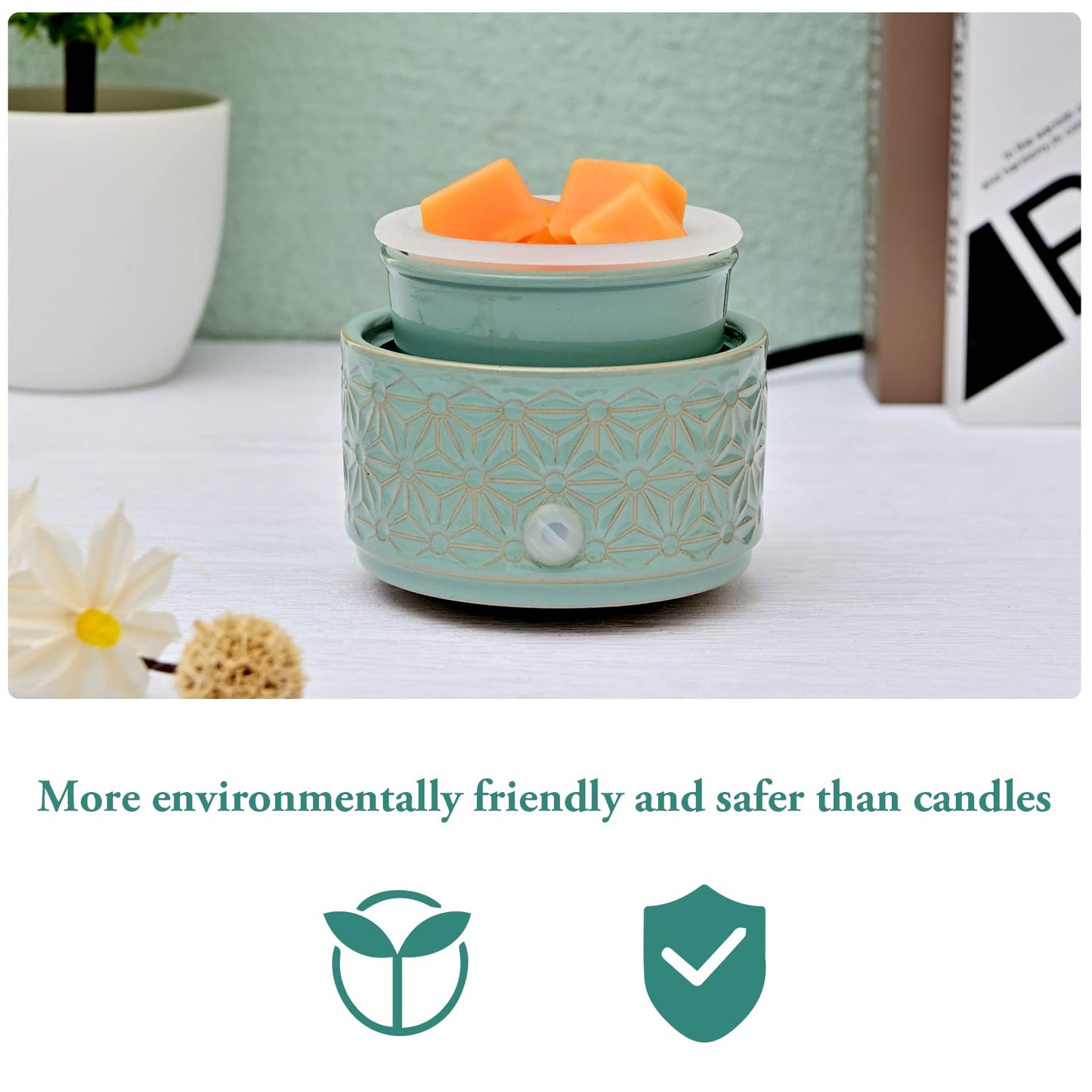 ASAWASA Wax Melt Warmer with 1 pc Silicone Dish,3-in-1 Ceramic Wax Melter Burner for Kitchen Home Spa Yoga Gift (Cyan Hexagon Pattern)
