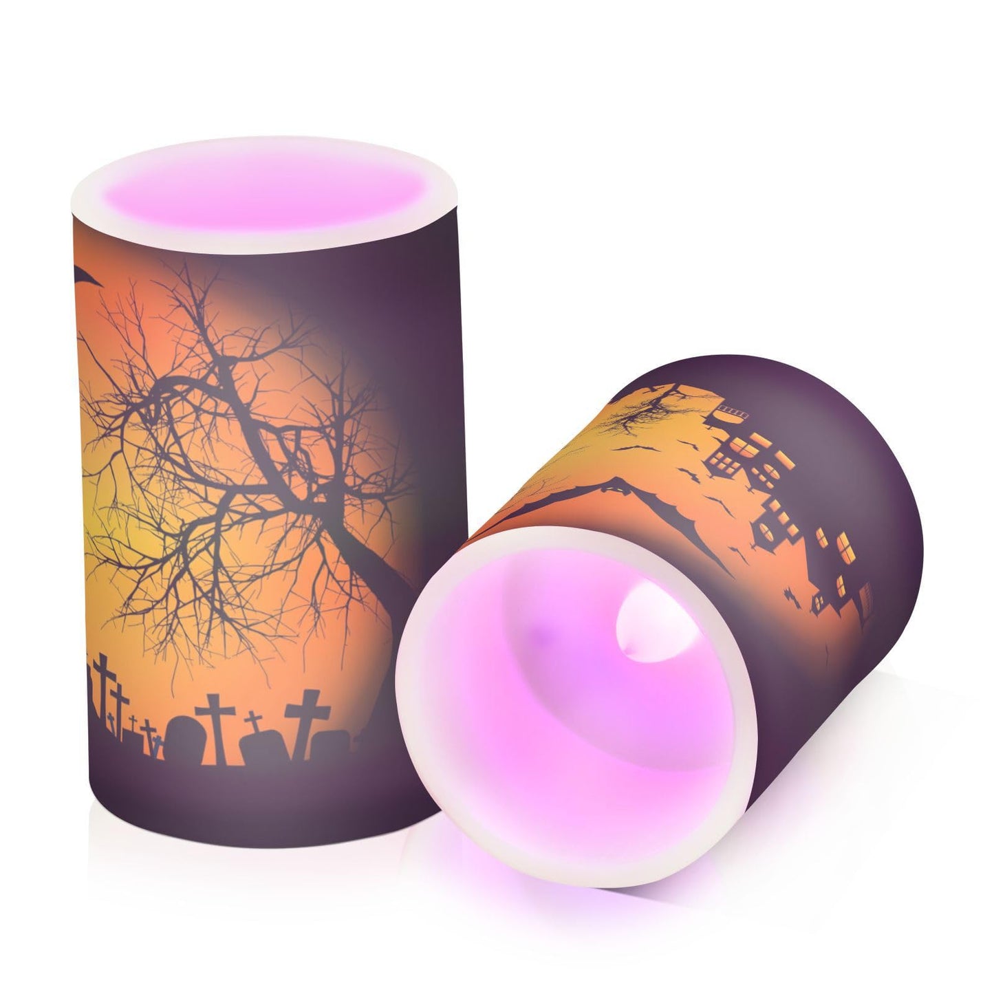 ALAZA Orange Halloween Castle Bat Flickering Flameless Candles Battery Operated with Remote Timer,Tea Light Candles LED Pillar Votive Candles Set of 2 for Outdoor Indoor Decorations 14