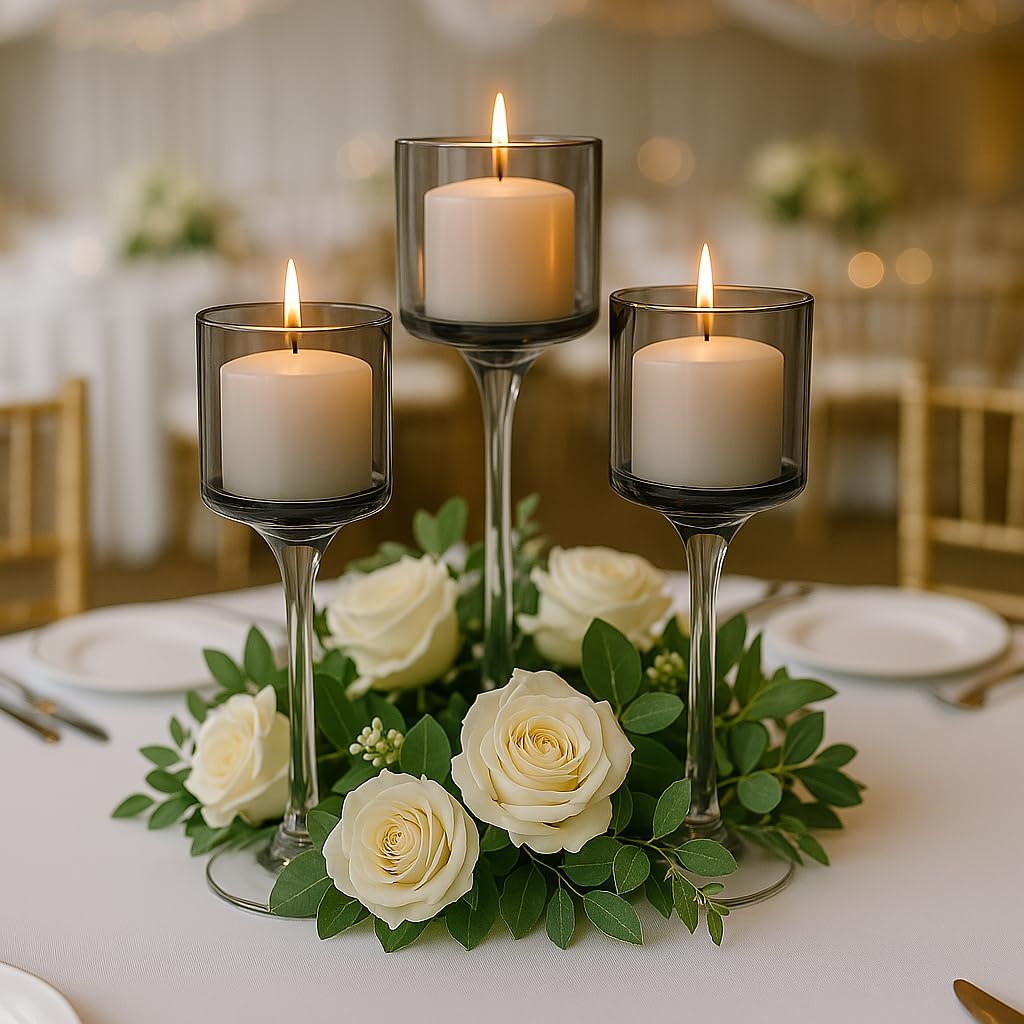 Koyal Wholesale 3Pcs Smoke Black Floating Candle Holder, Long Stem Candle Holders Set of 3, Black Tea Light Floating Candle Holder Centerpiece, Glass Stem Pillar Candle Holders Home Decor