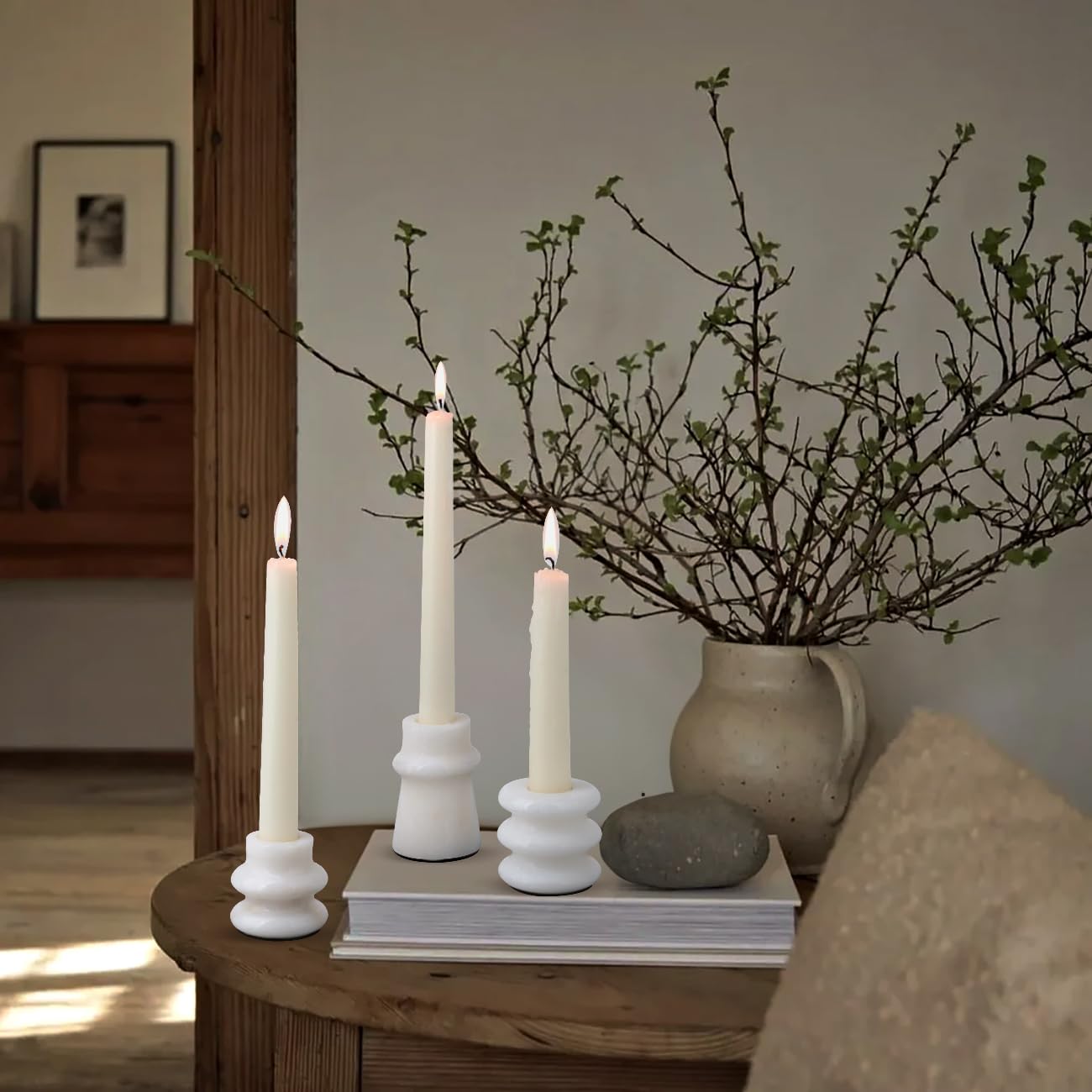 Vixdonos Marble Candle Holder Set of 3 Taper Candle Candlestick Mantle Candle Stand for Home Decor,Wedding,Party and Table Centerpieces(White)