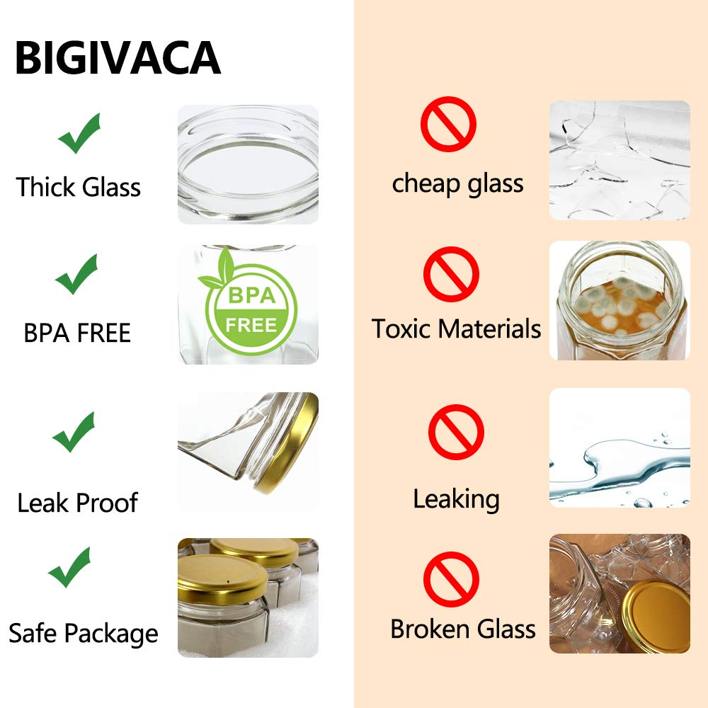 BIGIVACA 3 oz Mini Honey Jars - 30 Pack Hexagon Glass Jars with Wood Dippers, Gold Lids, Bee Pendants, Jutes, Stickers for Wedding Favors, Party Favors, Candle Making