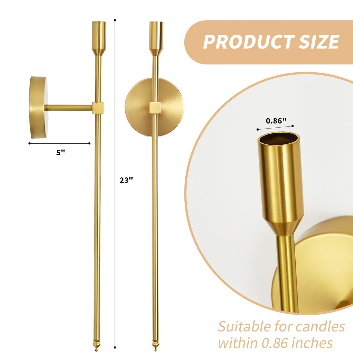 Gold Candle Sconces Long Wall Candle Holder, Set of 2 Large Wall Candle Sconce Modern Chic Home Decor for Bedroom, Dining Room, Living Room 23"