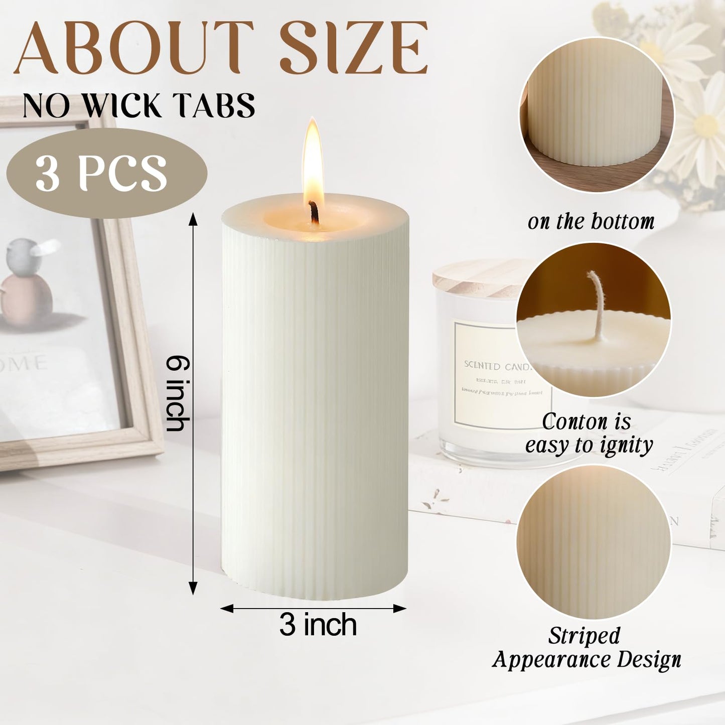 3×6 Inch Thick Ribbed Soy White Pillar Candle Set, 3 Packs White Votive and Emergency Candles, 180 Hours Burn Time, Smokeless&Dripless Large Round Candle for Wedding/Home/Office Decor