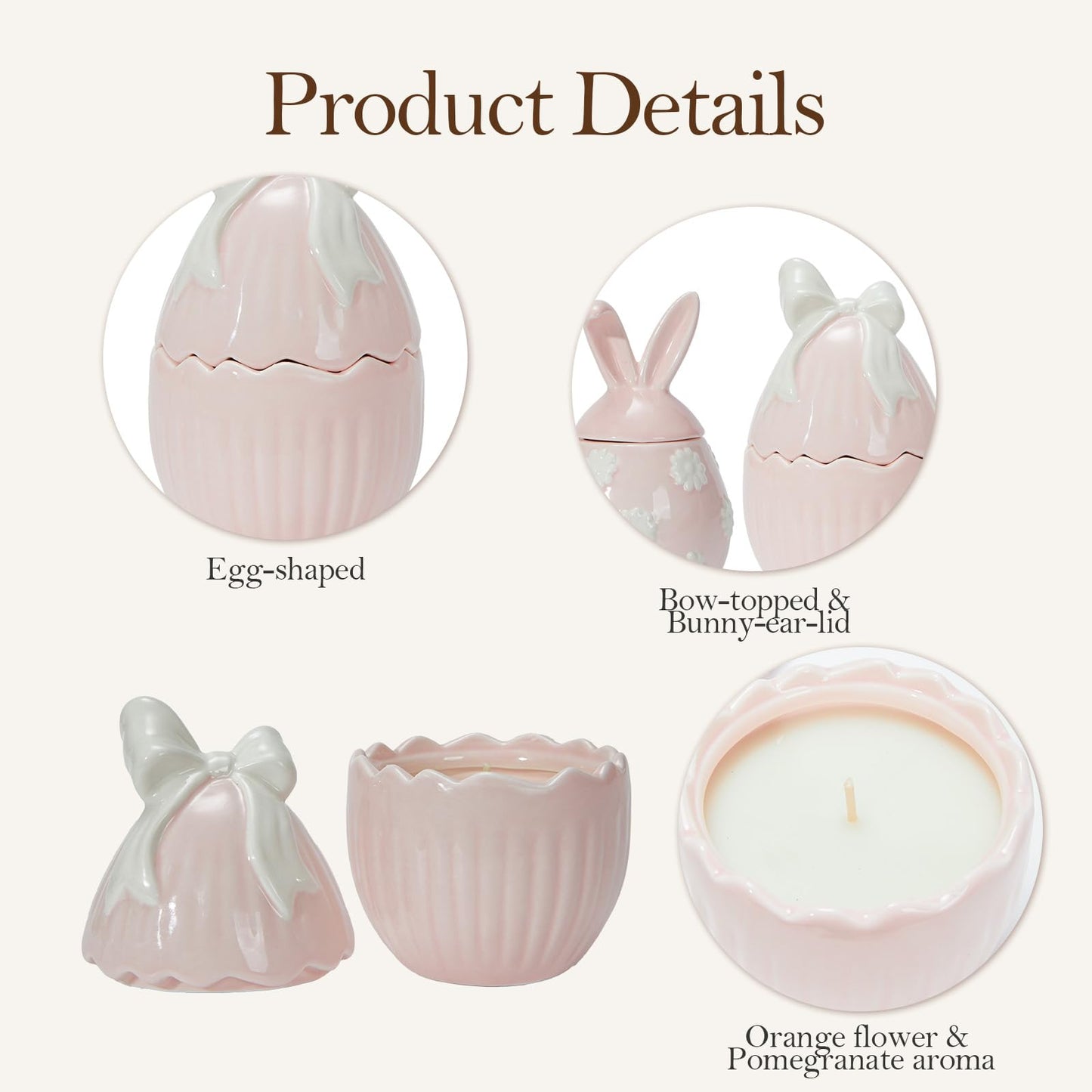 WDS WONDROUS 2-Pack Easter Bunny & Bow Ceramic Jar Candles, Egg Shaped Soy Wax Scented Candles with Daisy and Striped Design, Spring Home Decor Gift Set for Women, Pink Farmhouse Table Centerpiece