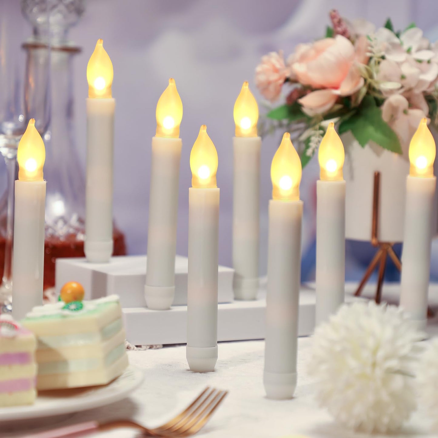 Macarrie 108 Pieces Flameless LED Taper Candles Battery Operated Candles, Flickering Light Electric Handheld Candlesticks, Halloween Christmas Church Party Weddings Decoration(White, Warm White Light)