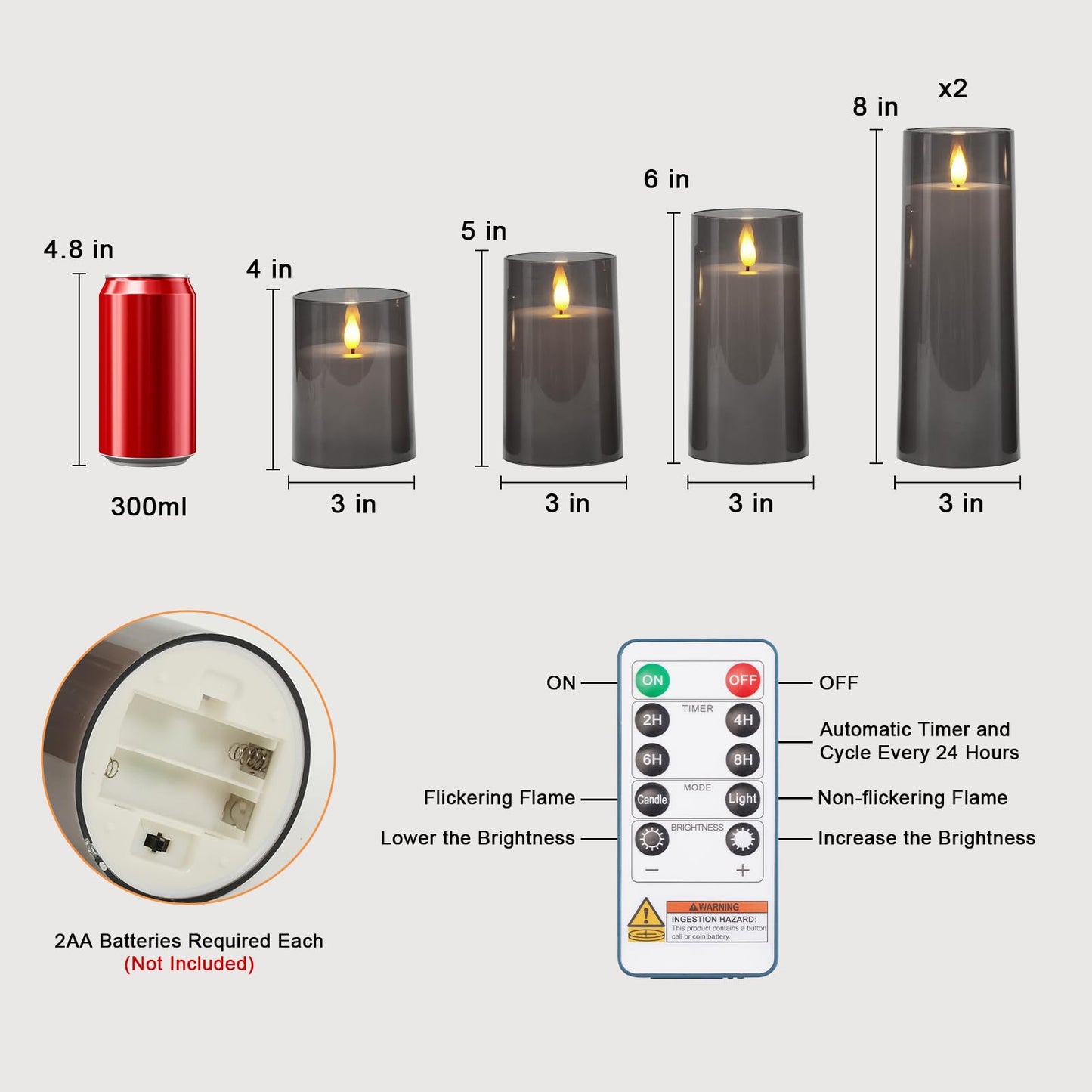 Raycare Flameless Candles Battery Operated with Remote Timer, Acrylic Flickering LED Pillar Candle for Christmas Decoration, Home Decor, Gift for Family and Friend, Grey, Set of 5