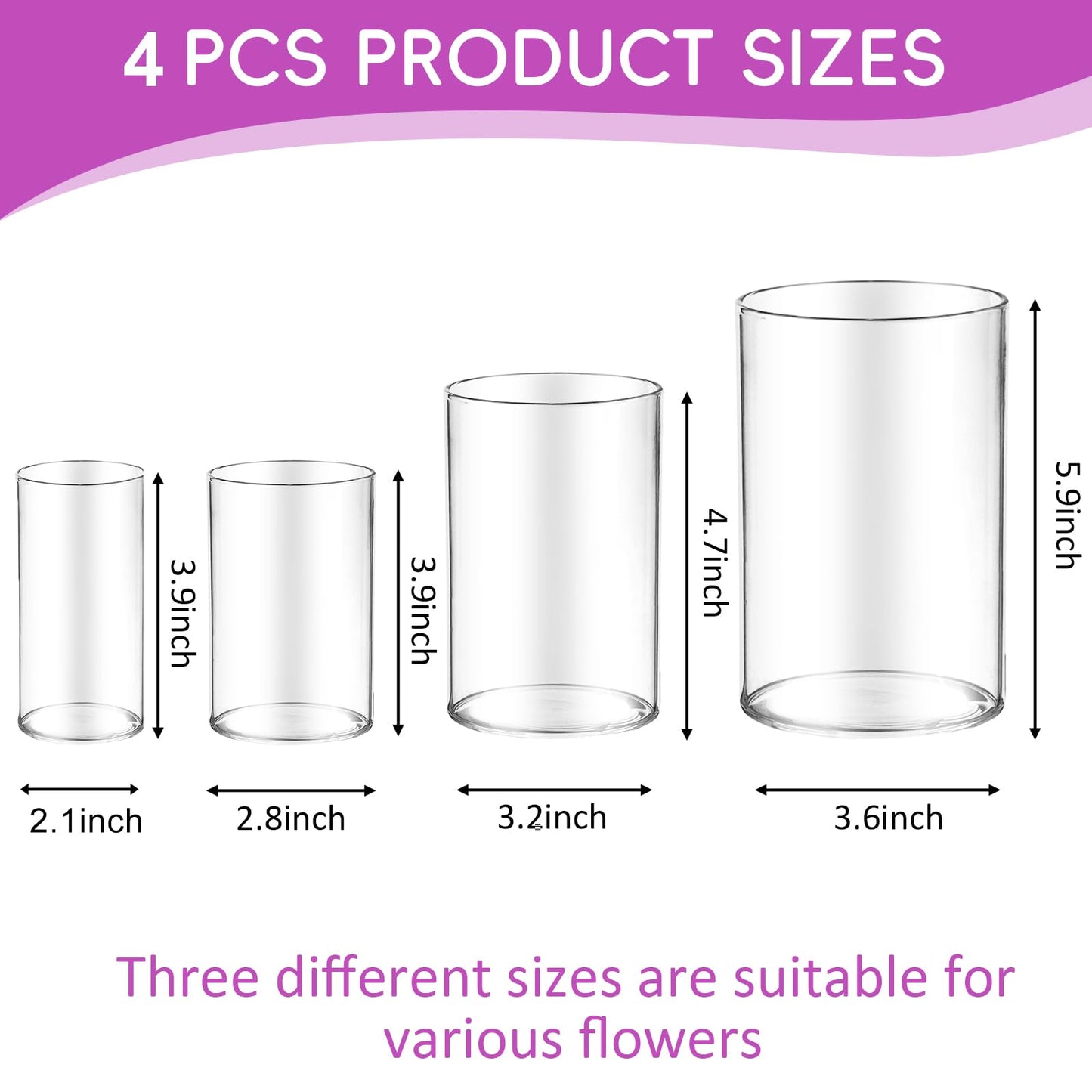 48pcs Glass Vase Cylinder for Centerpieces Small Flower Glass Clear Home Decor Centerpiece Table Flower Vase Decorations for Wedding＆Holiday 4,4,4.7,6Inch Tall