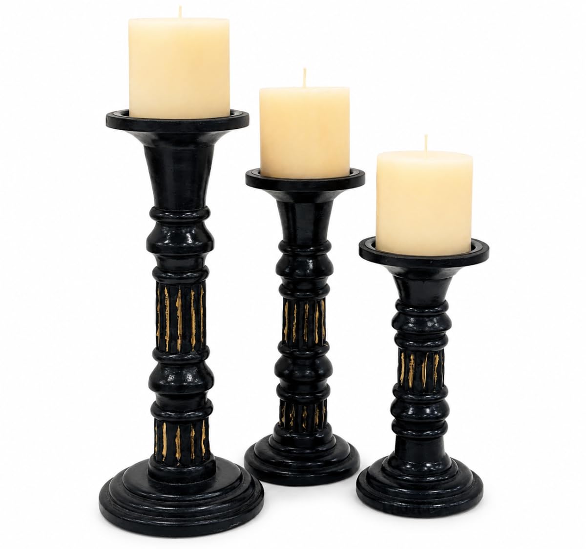 Wood Candle Holders for Pillar Candles (Set of 3) Large Rustic Pillar Candlestick Stands - 8 x 10x 12 inch Candles Holder Modern Farmhouse Decor (Black)