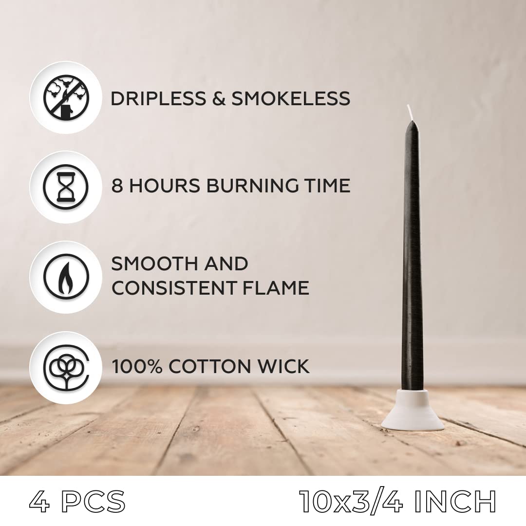 SONEDLY 10 inch Taper Candles 4 Pack - Long Burning Dripless and Smokeless - Ideal for Halloween and Witchcraft - 8-Hour Coal Black Candlesticks
